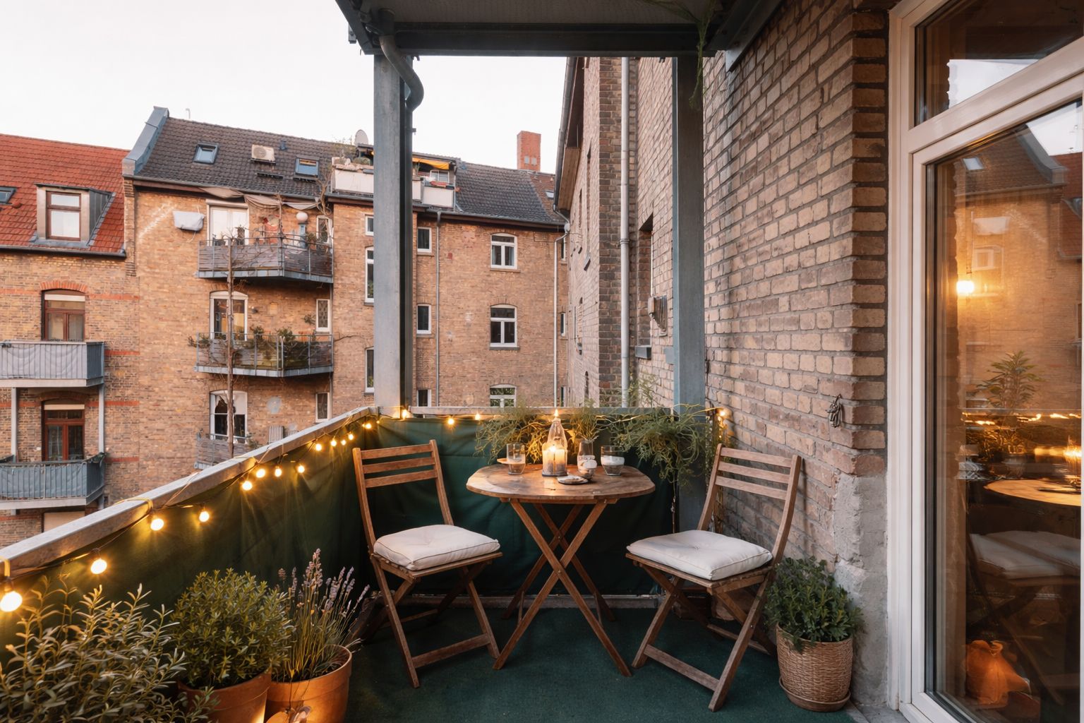 Kleiner Balkon mit zwei Holzstühlen, Tisch, Pflanzen und Lichterkette, Blick auf Nachbarhäuser.