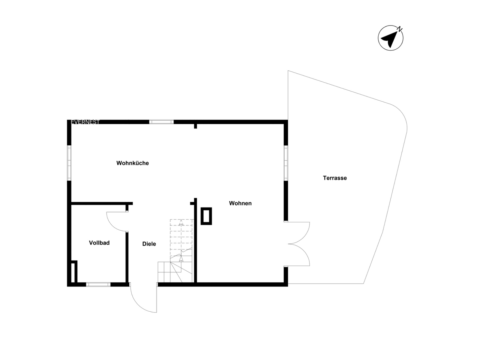 Grundriss mit Wohnküche, Wohnzimmer, Vollbad, Diele und Terrasse.