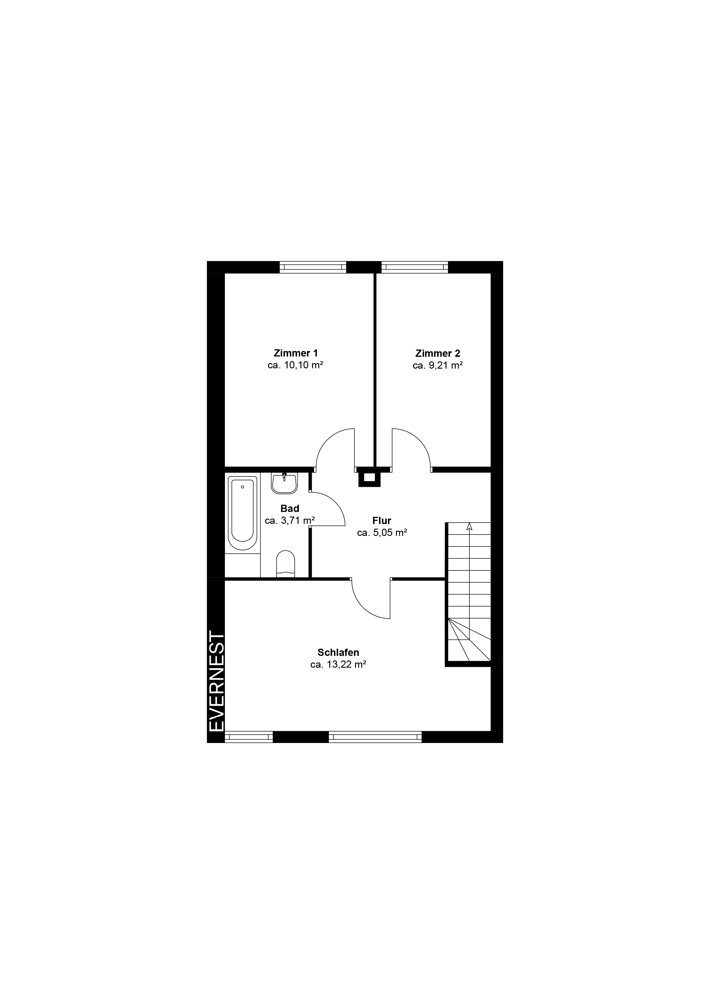 Grundriss mit drei Zimmern, Bad, Flur und Treppe, alle Räume mit Flächenangaben.