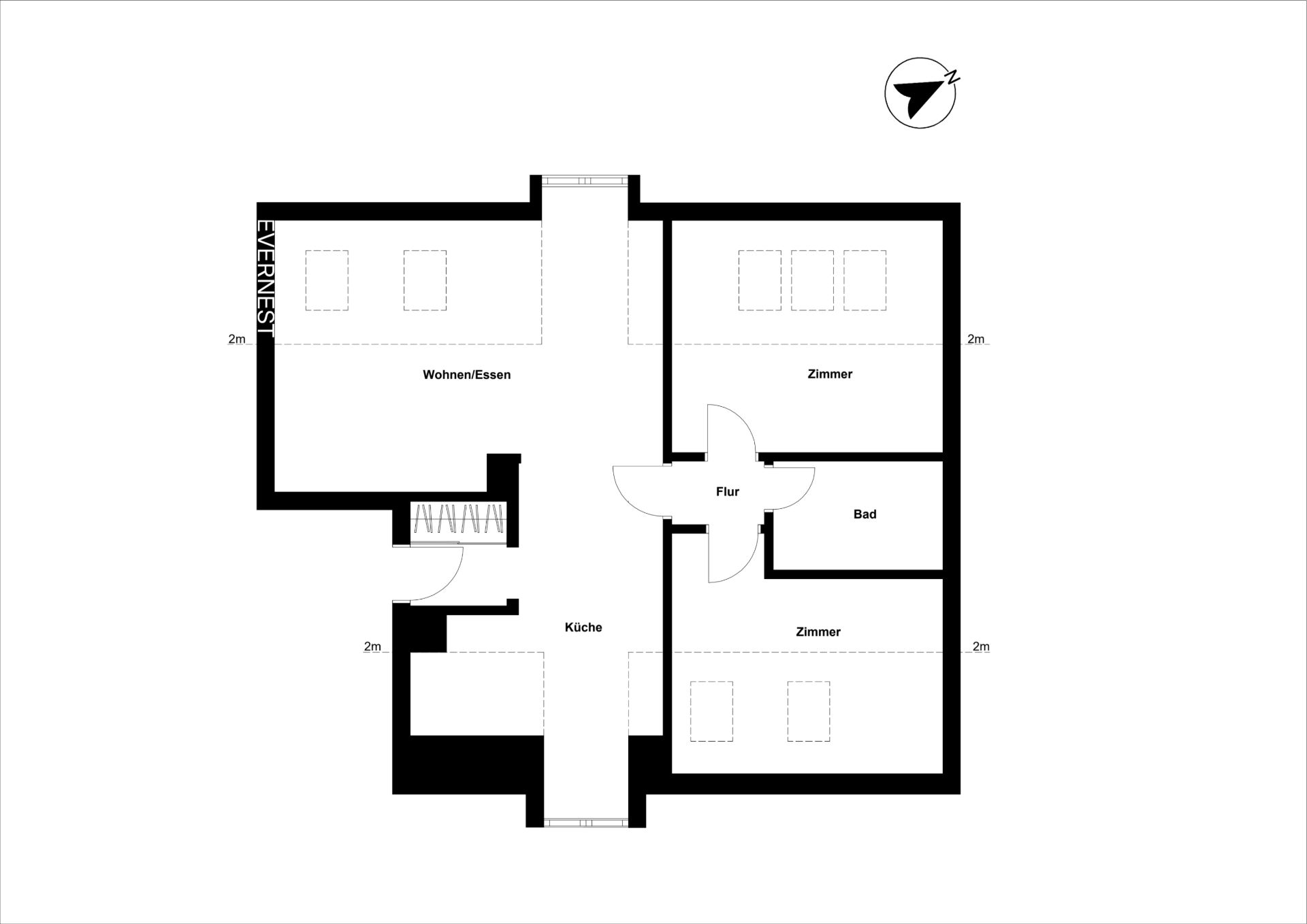 Grundriss einer Wohnung mit Wohn-/Essbereich, Küche, Flur, Bad und zwei Zimmern.