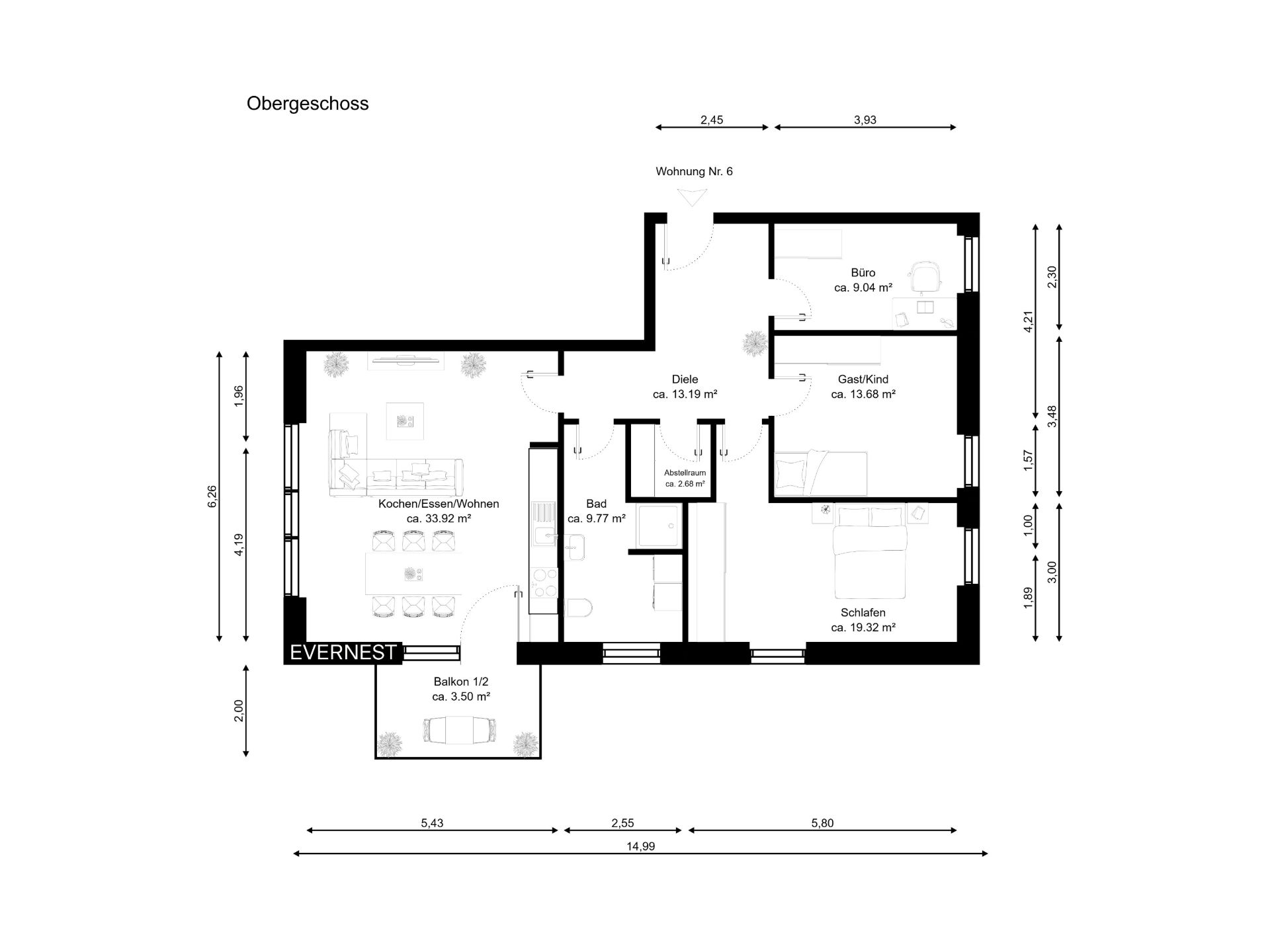 Grundriss einer Wohnung mit Wohnzimmer, Schlafzimmer, Büro, Bad, Flur und Balkon.