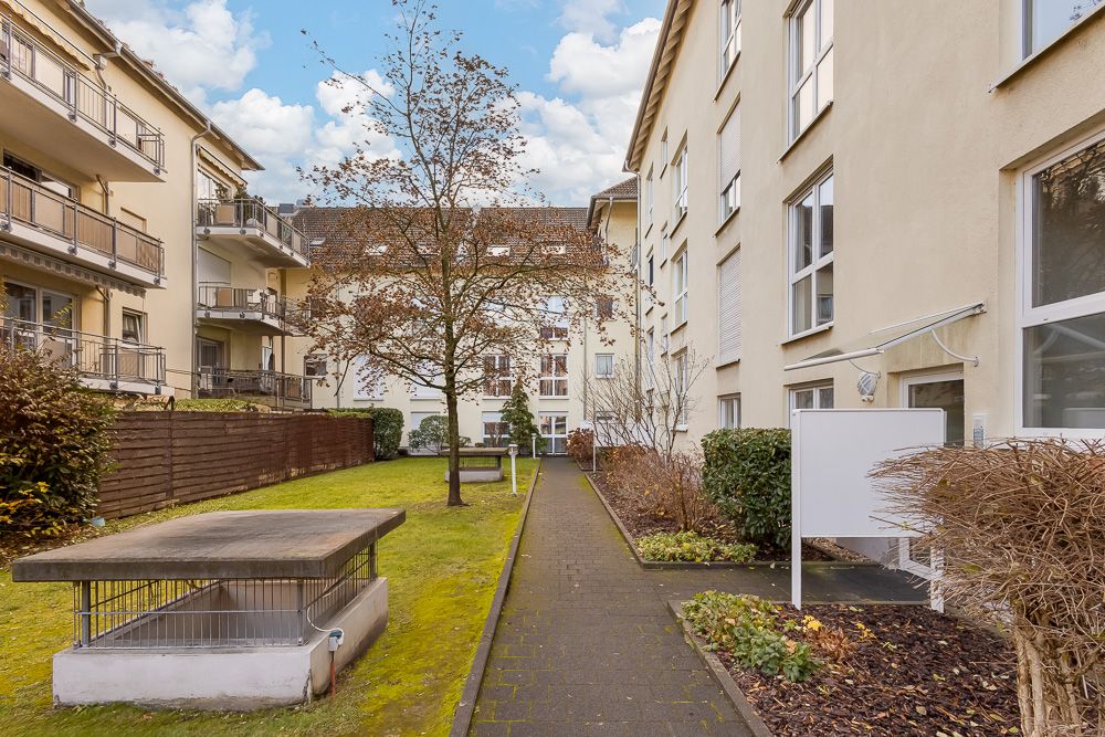 Gepflegter Innenhof mit Baum, Rasenfläche und Gehweg zwischen Wohnhäusern.