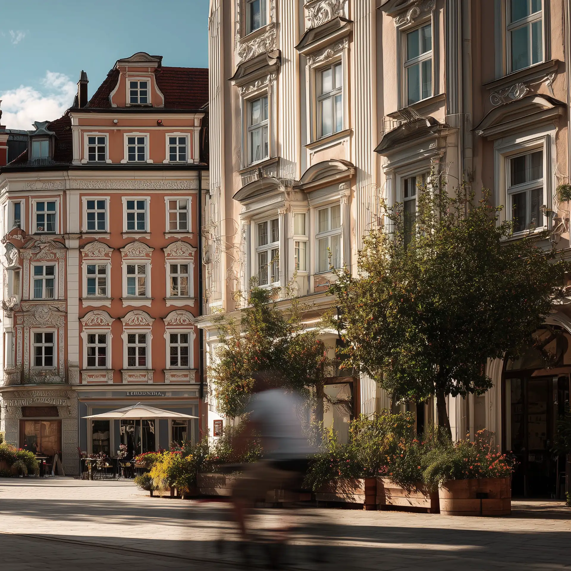 Historische Wohngebäude mit verzierten Fassaden und Bäumen am Gehweg.
