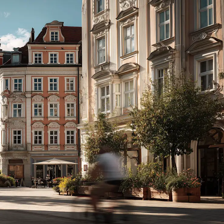 Historische Wohngebäude mit verzierten Fassaden und Bäumen am Gehweg.
