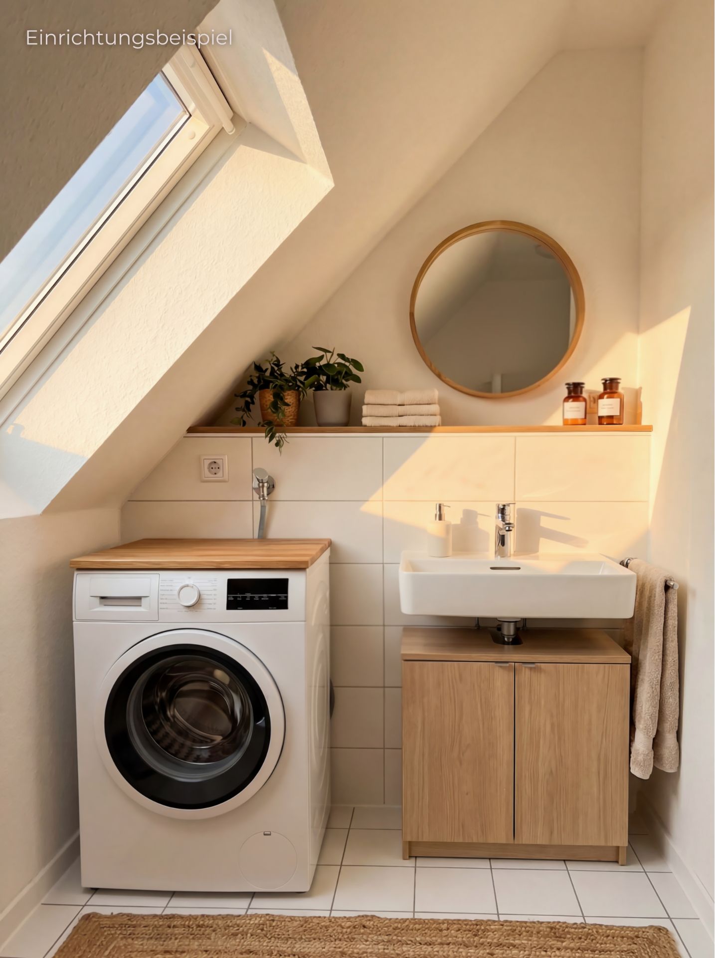 Waschmaschine und Waschbecken unter Dachschräge, Holzregal mit Pflanzen und Spiegel.