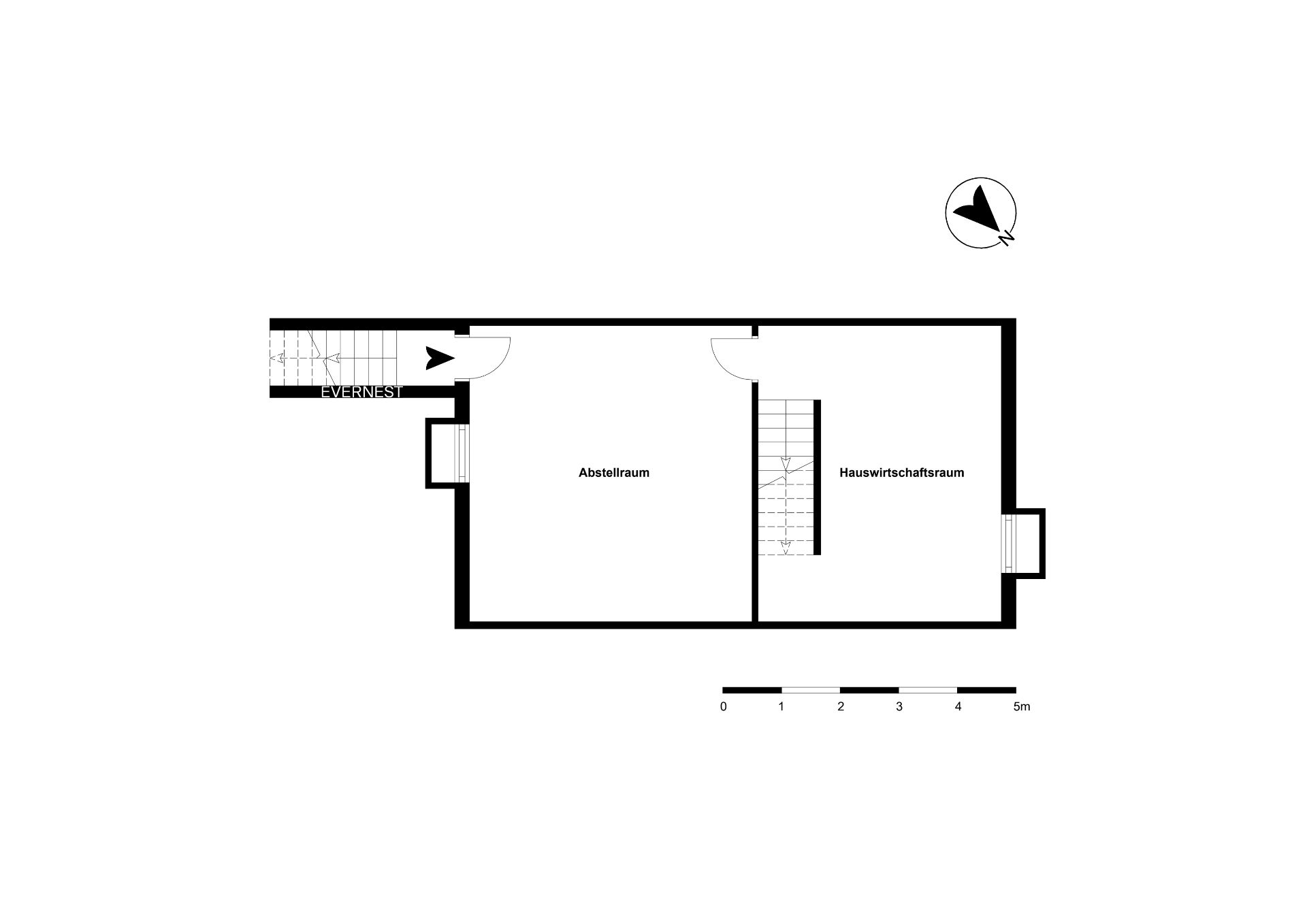 Grundriss mit Abstellraum und Hauswirtschaftsraum, Treppen und Türen sind eingezeichnet.
