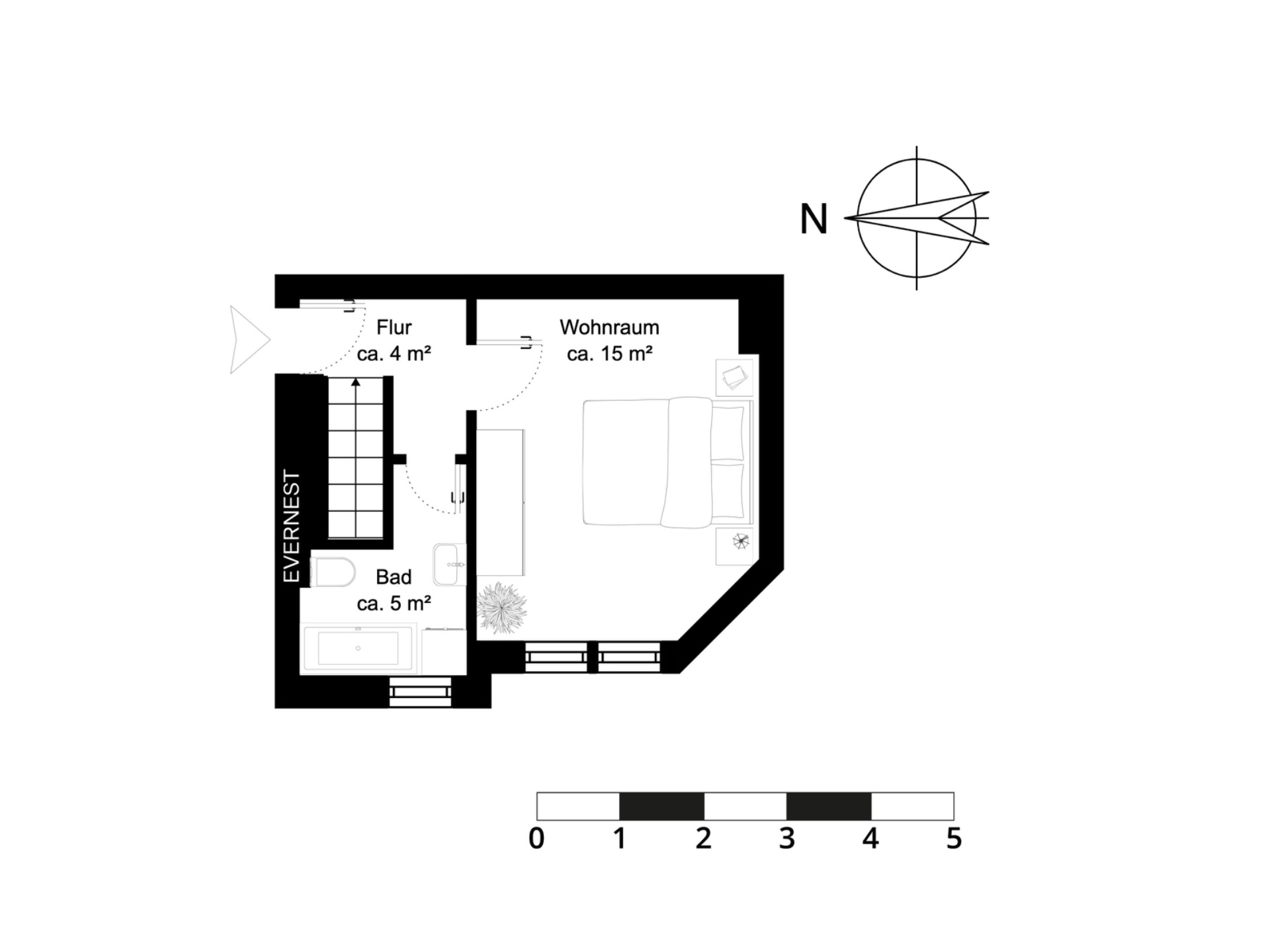 Grundriss mit Flur, Bad und Wohnraum. Möbel wie Bett und Badewanne sind eingezeichnet.