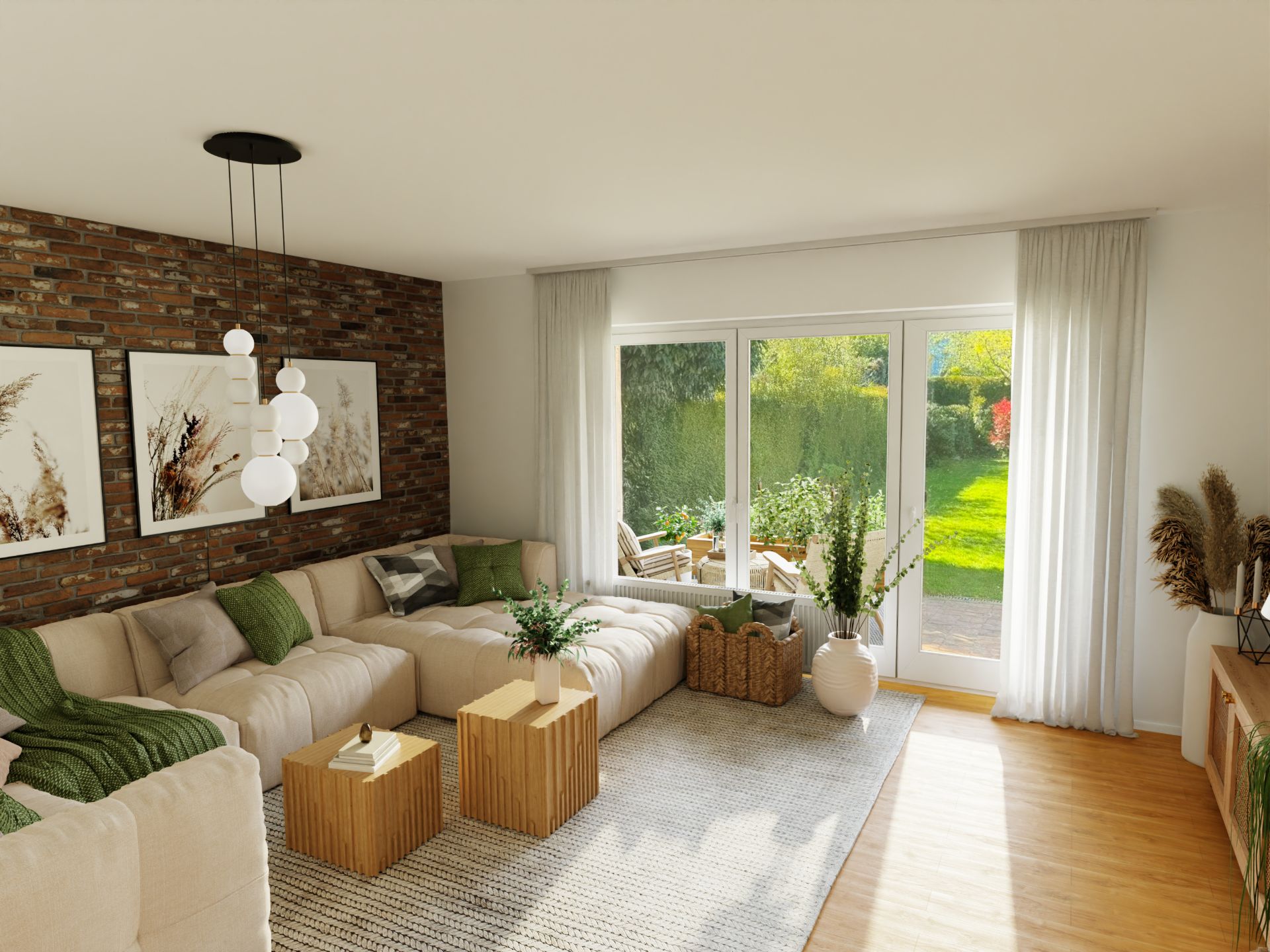 Helles Wohnzimmer mit Ecksofa, Holztischen, großer Fensterfront und Blick in den Garten.