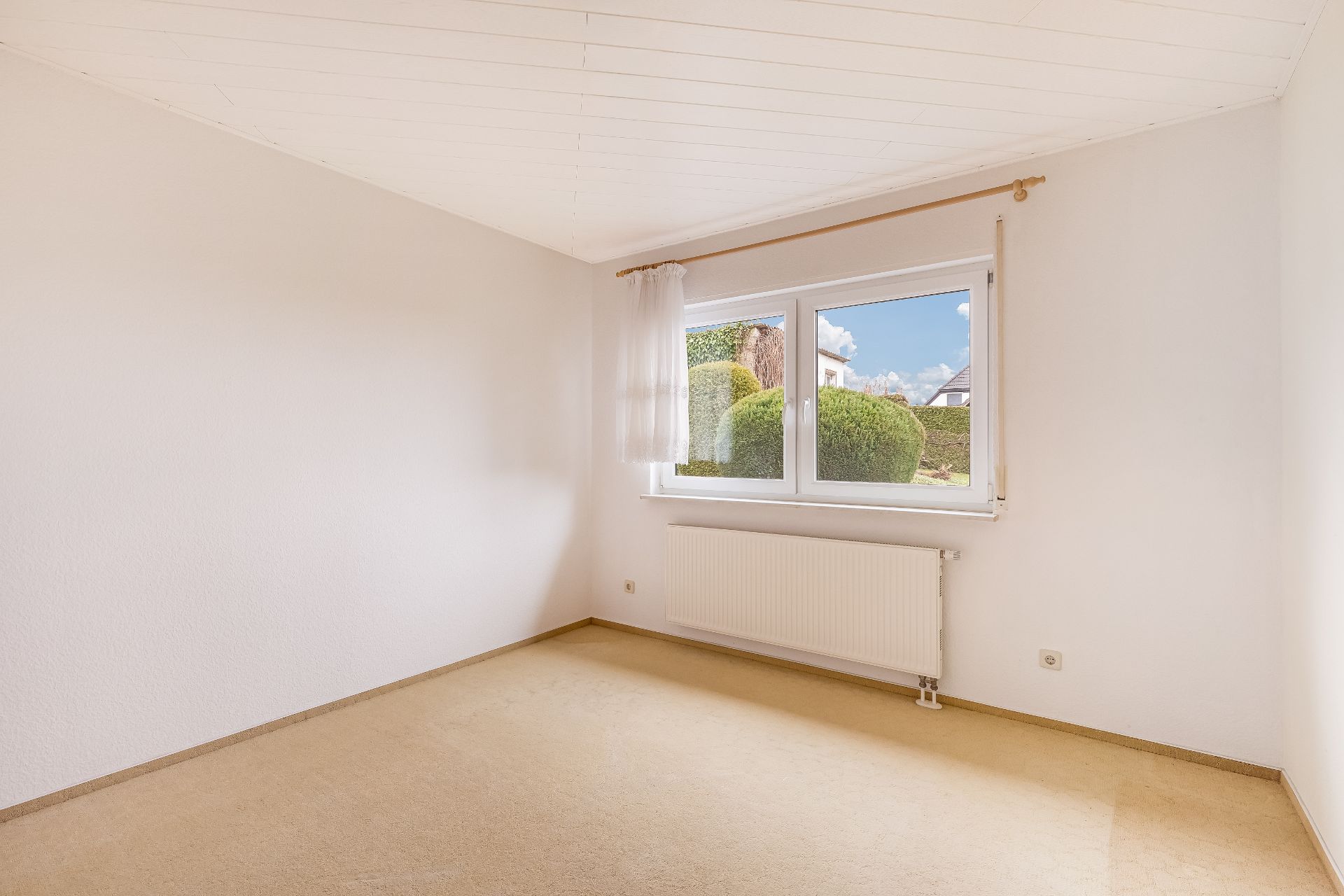 Leeres Zimmer mit beigem Teppich, weißer Wand und großem Fenster mit Blick ins Grüne.