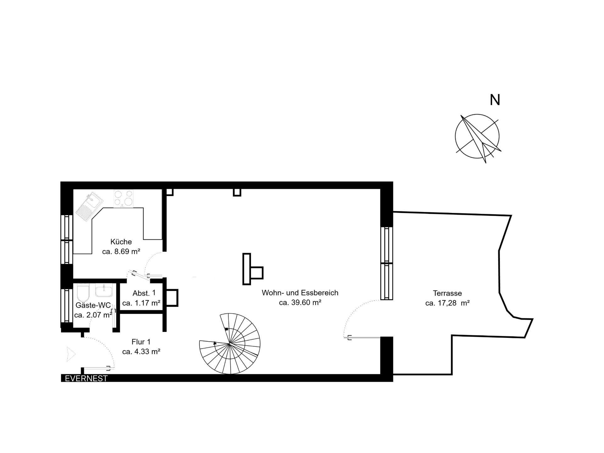Grundriss mit Küche, Wohn- und Essbereich, Gäste-WC, Abstellraum, Flur und Terrasse.