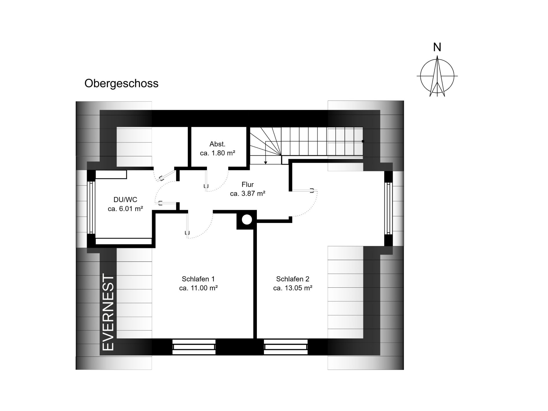 Grundriss des Obergeschosses mit zwei Schlafzimmern, Bad, Abstellraum und Flur.