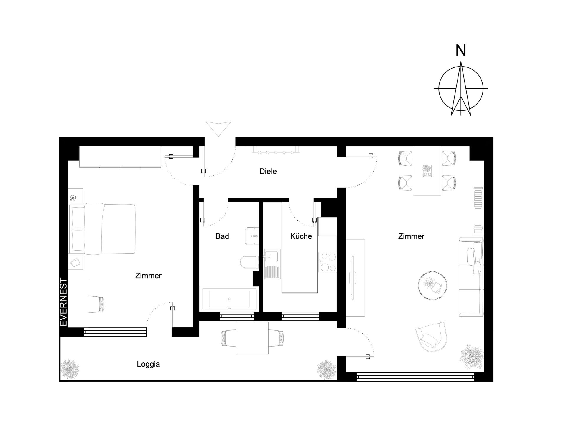 Grundriss einer Wohnung mit zwei Zimmern, Küche, Bad, Diele und zwei Balkonen.