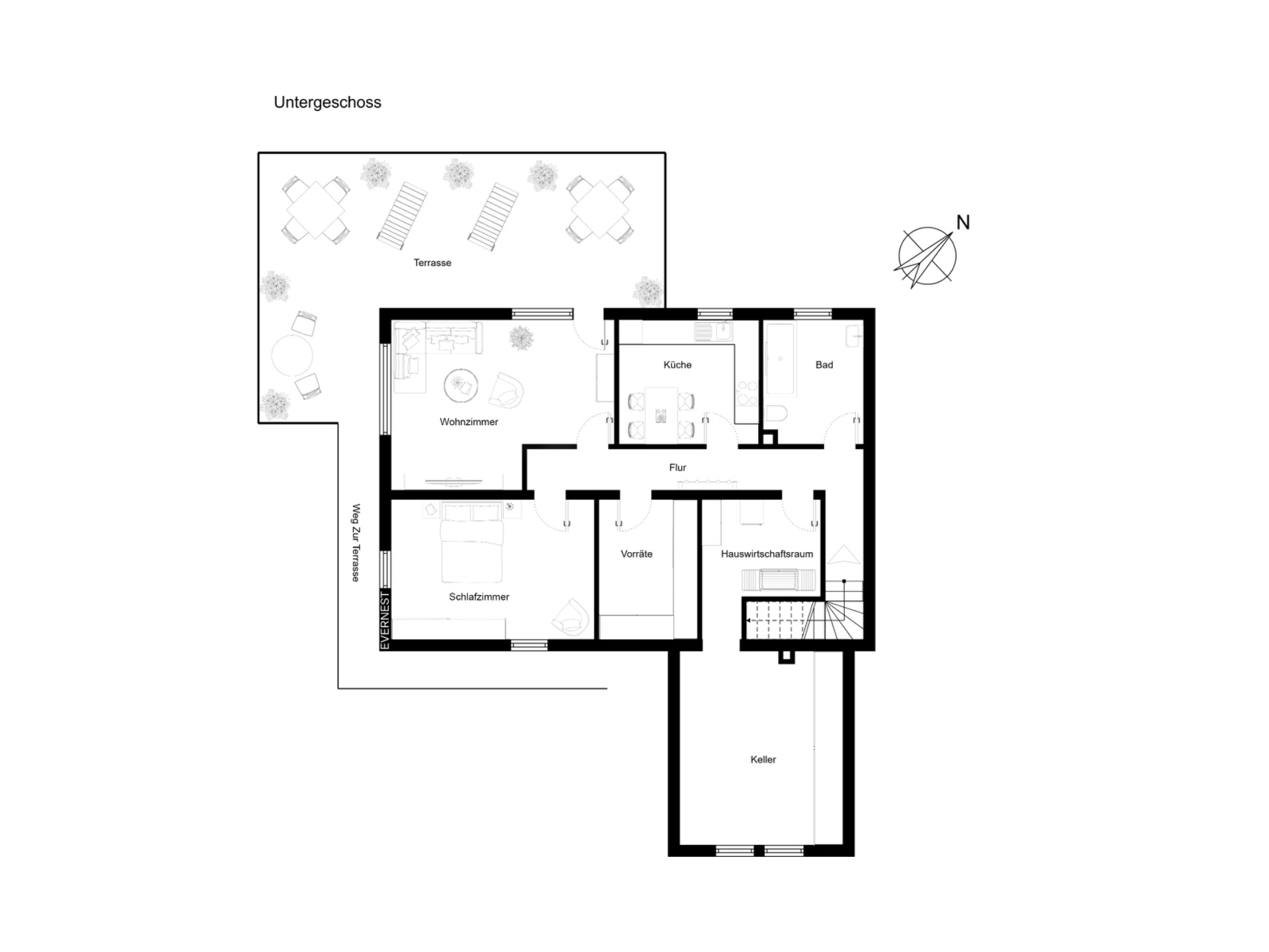 Grundriss eines Untergeschosses mit Terrasse, Wohnzimmer, Schlafzimmer, Küche, Bad und Keller.