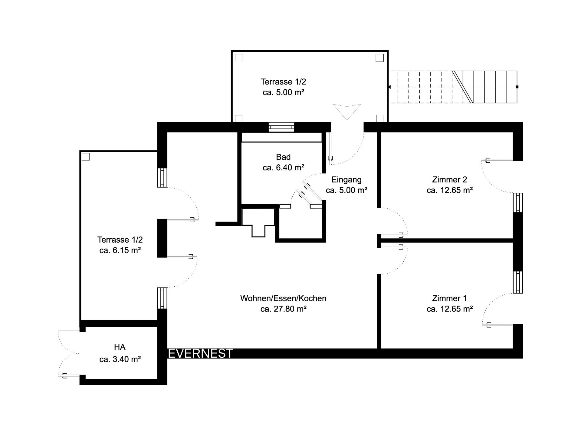 Grundriss einer Wohnung mit zwei Zimmern, Bad, Wohnbereich, zwei Terrassen und Hauswirtschaftsraum.