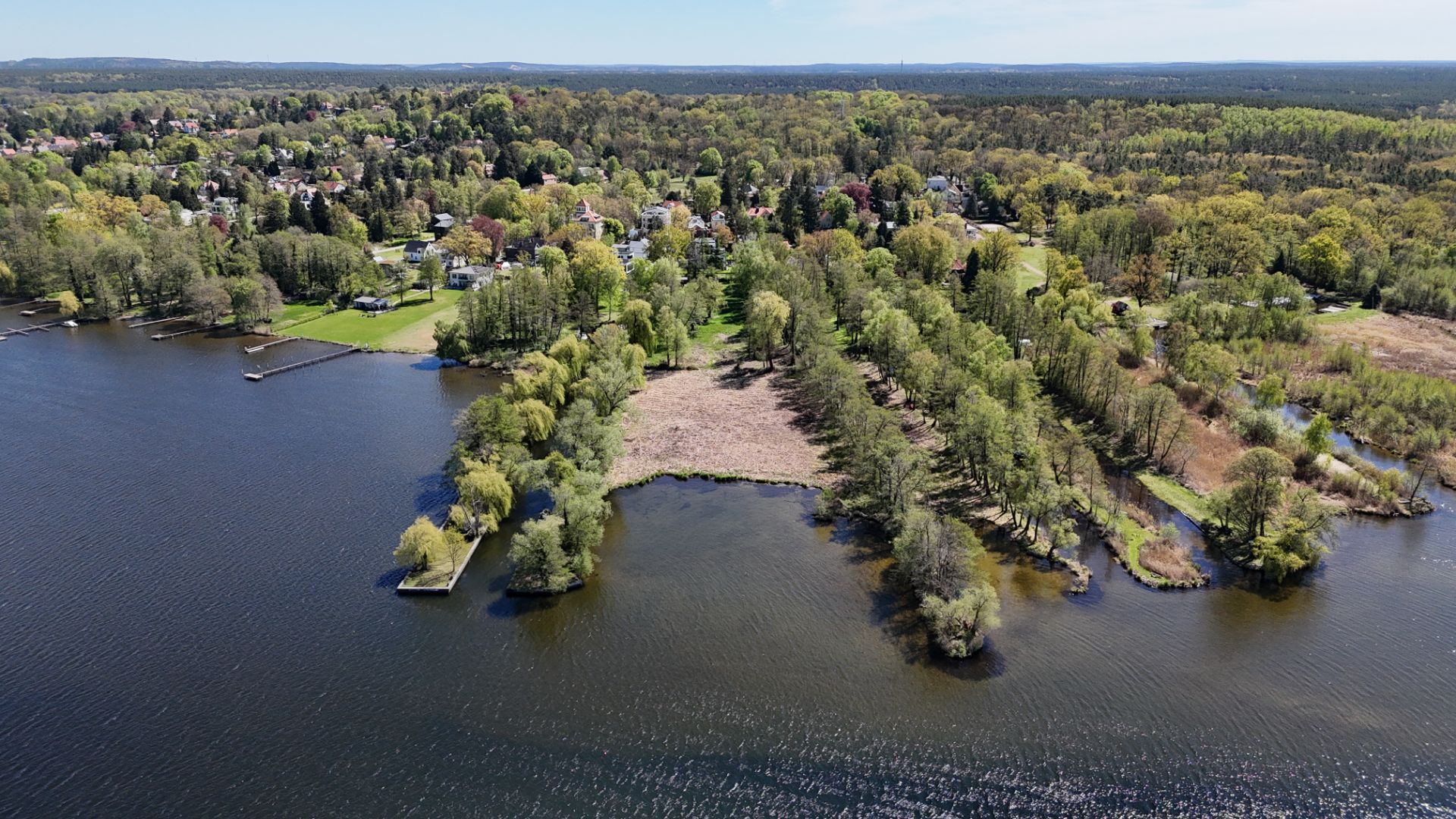 Luftaufnahme eines bewaldeten Landstücks am See mit Häusern im Hintergrund.