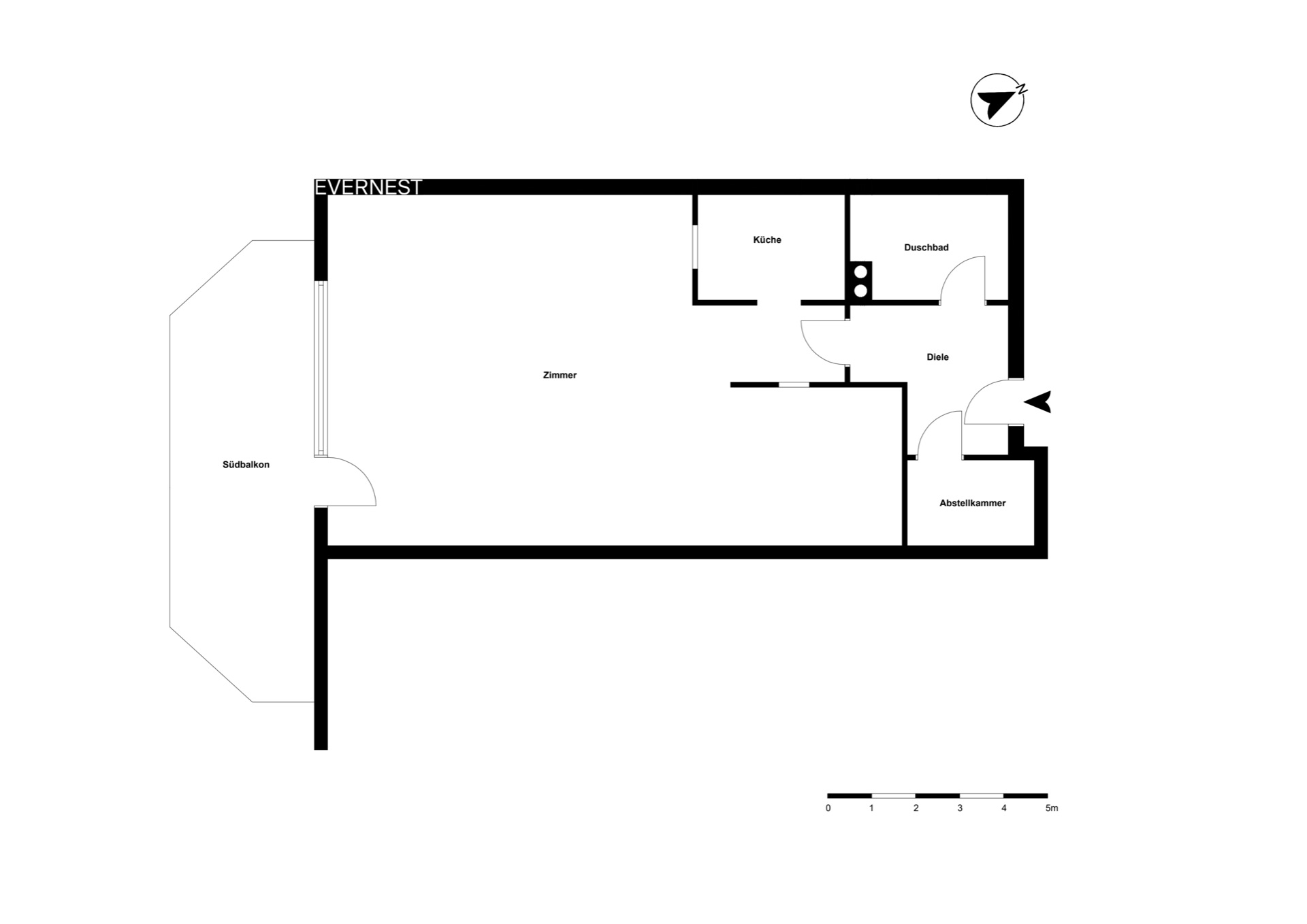 Grundriss einer Wohnung mit Zimmer, Küche, Duschbad, Abstellkammer, Diele und Südbalkon.