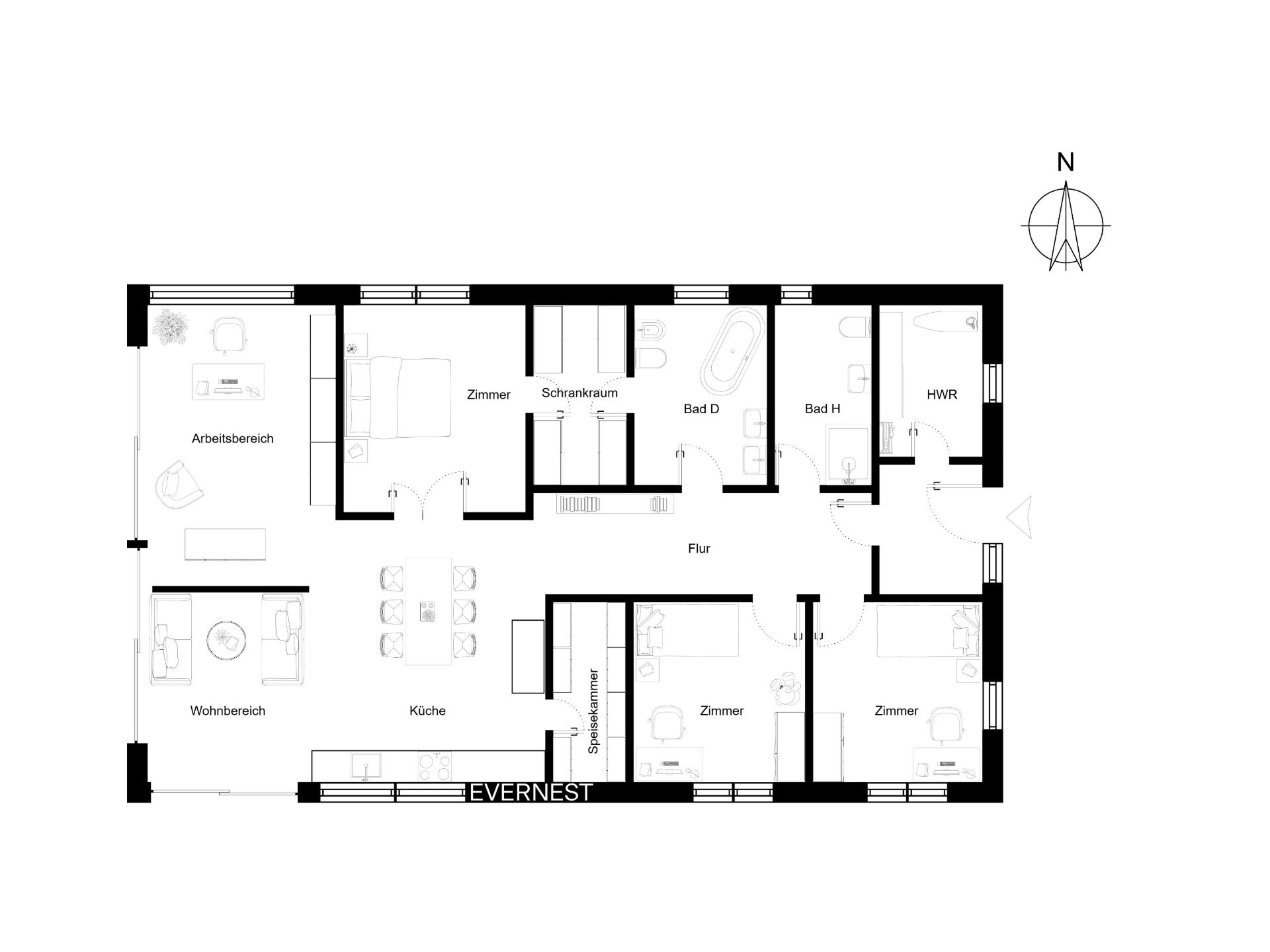 Grundriss einer Wohnung mit Arbeitsbereich, Wohnbereich, Küche, Schlafzimmern und Bädern.