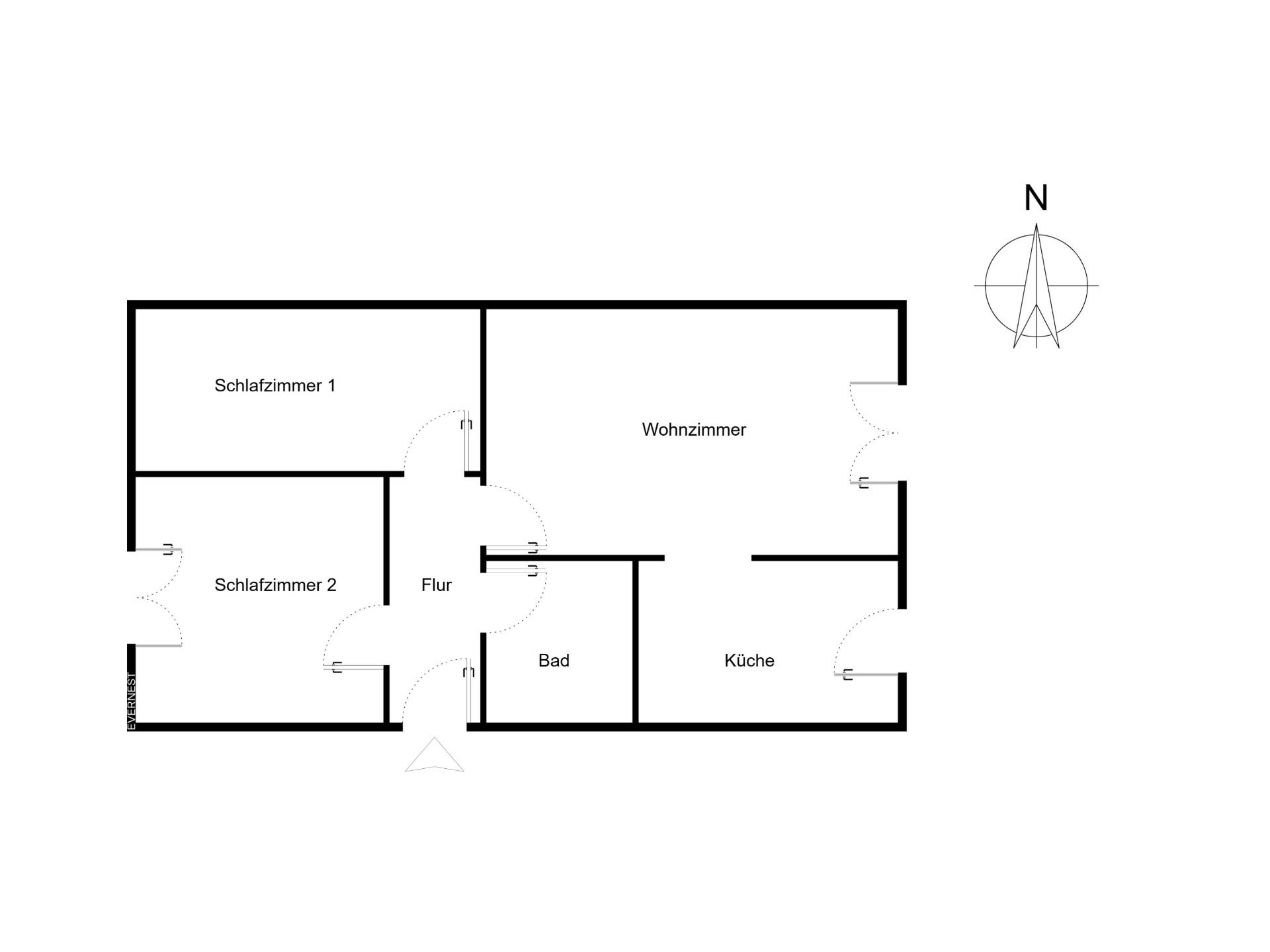 Grundriss mit Wohnzimmer, zwei Schlafzimmern, Küche, Bad und Flur.