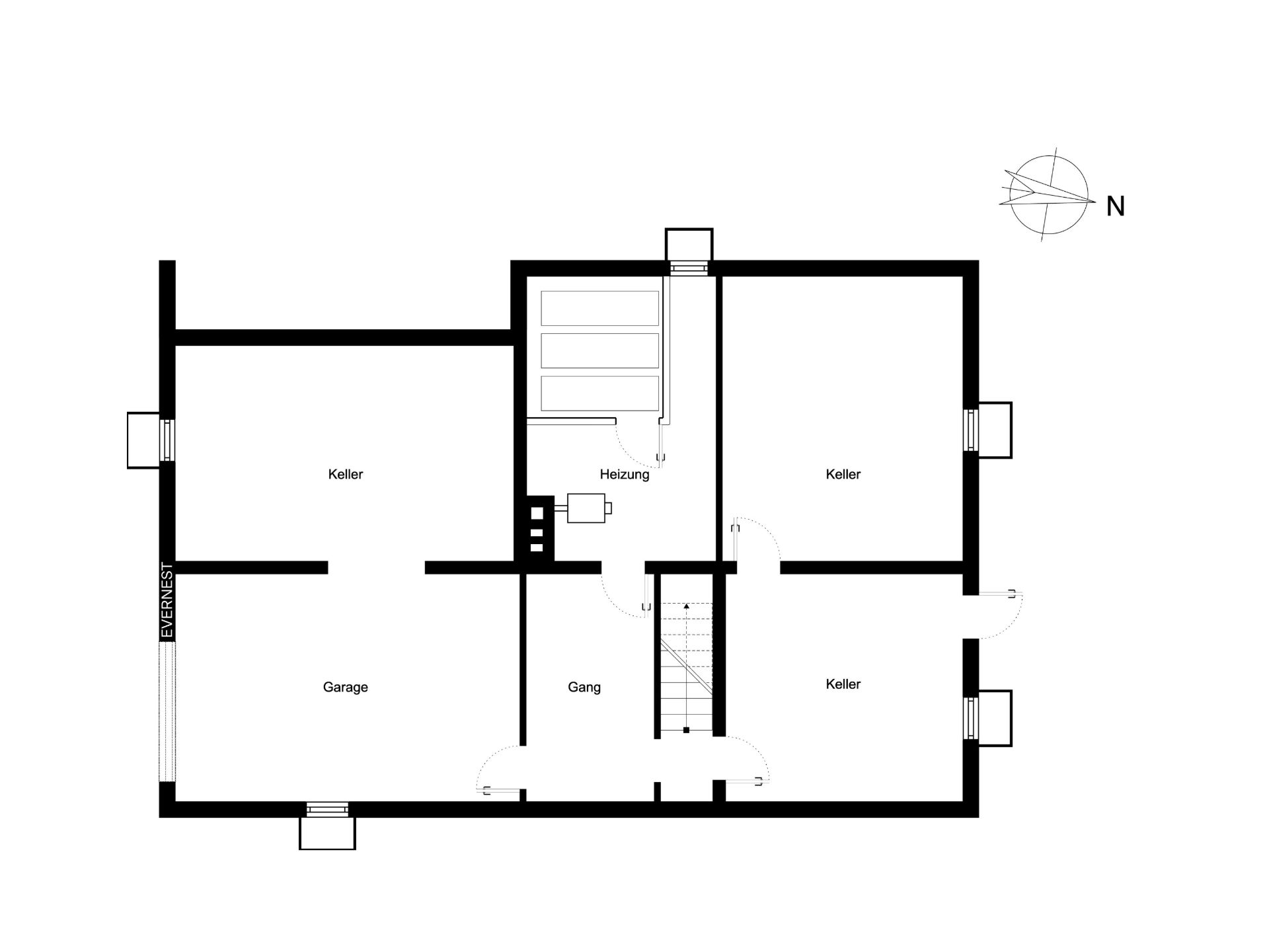 Grundriss eines Kellers mit Garage, Heizungsraum, Gang und mehreren Kellerräumen.