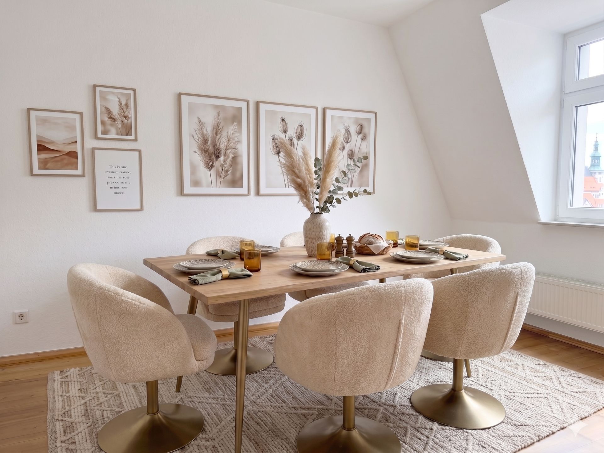 Esszimmer mit sechs cremefarbenen Stühlen, Holztisch, Wandbildern und Dekoration auf dem Tisch.