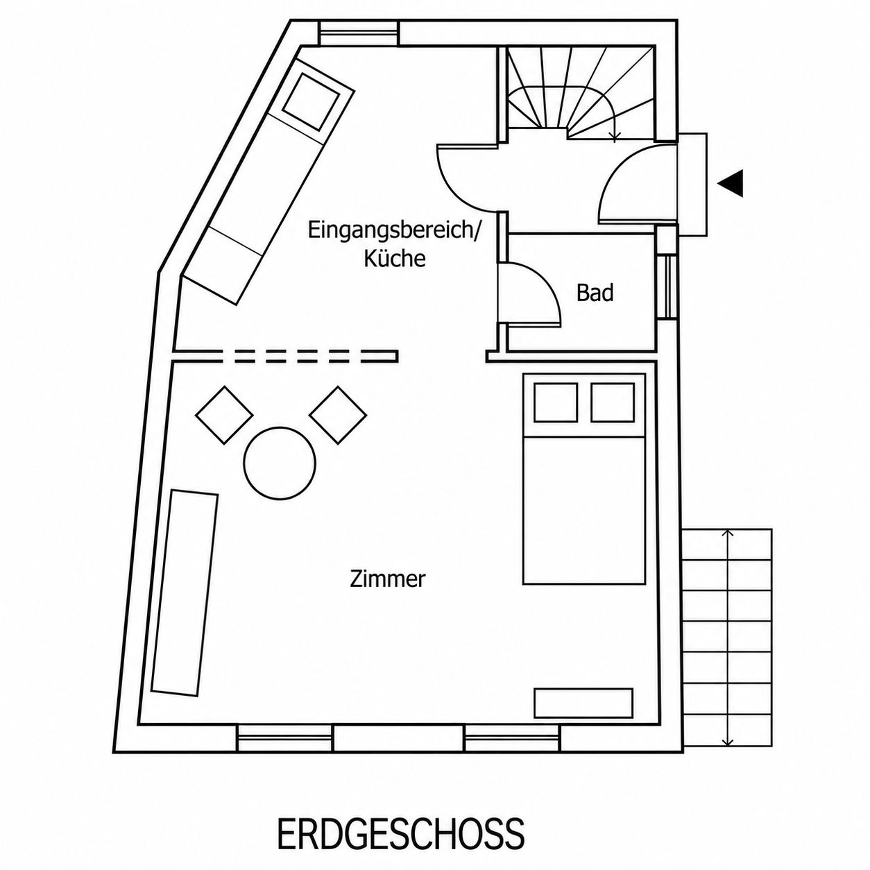 Grundriss des Erdgeschosses mit Eingangsbereich, Küche, Bad und Zimmer.
