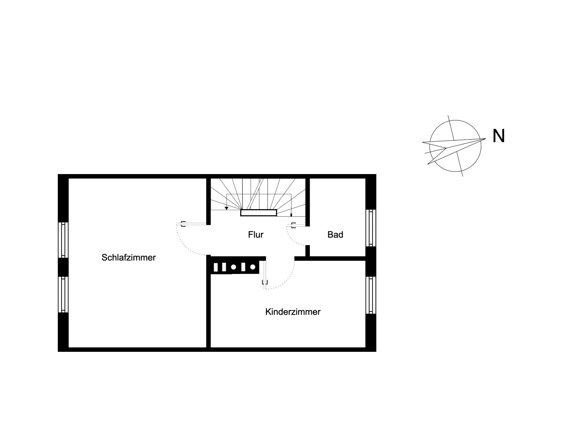 Grundriss mit Schlafzimmer, Kinderzimmer, Bad und Flur.