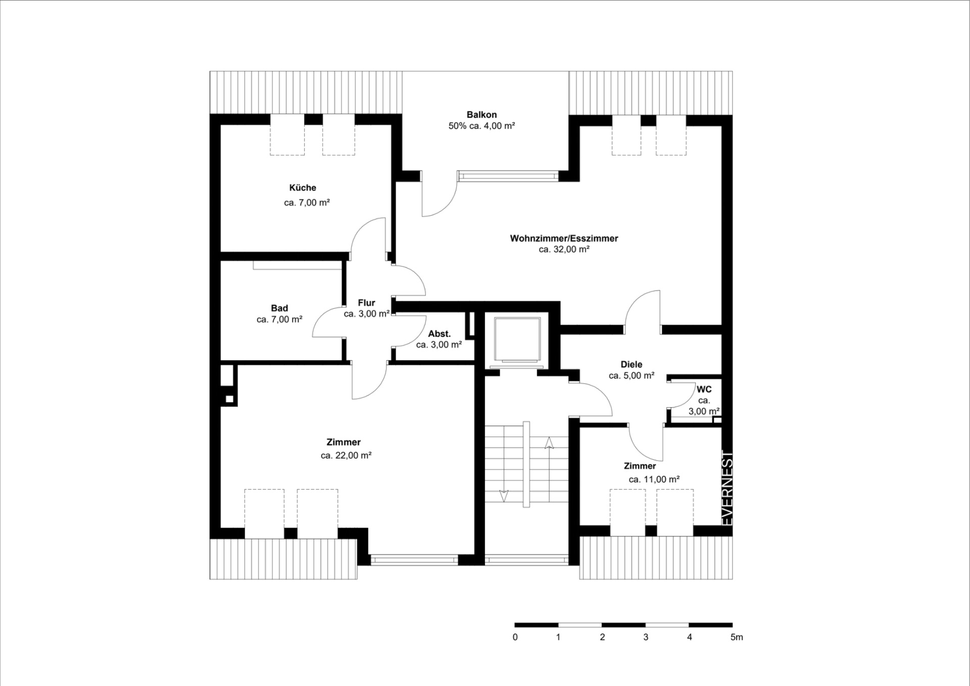 Grundriss einer Wohnung mit Küche, Bad, Wohnzimmer, zwei Zimmern, Balkon und Flur.