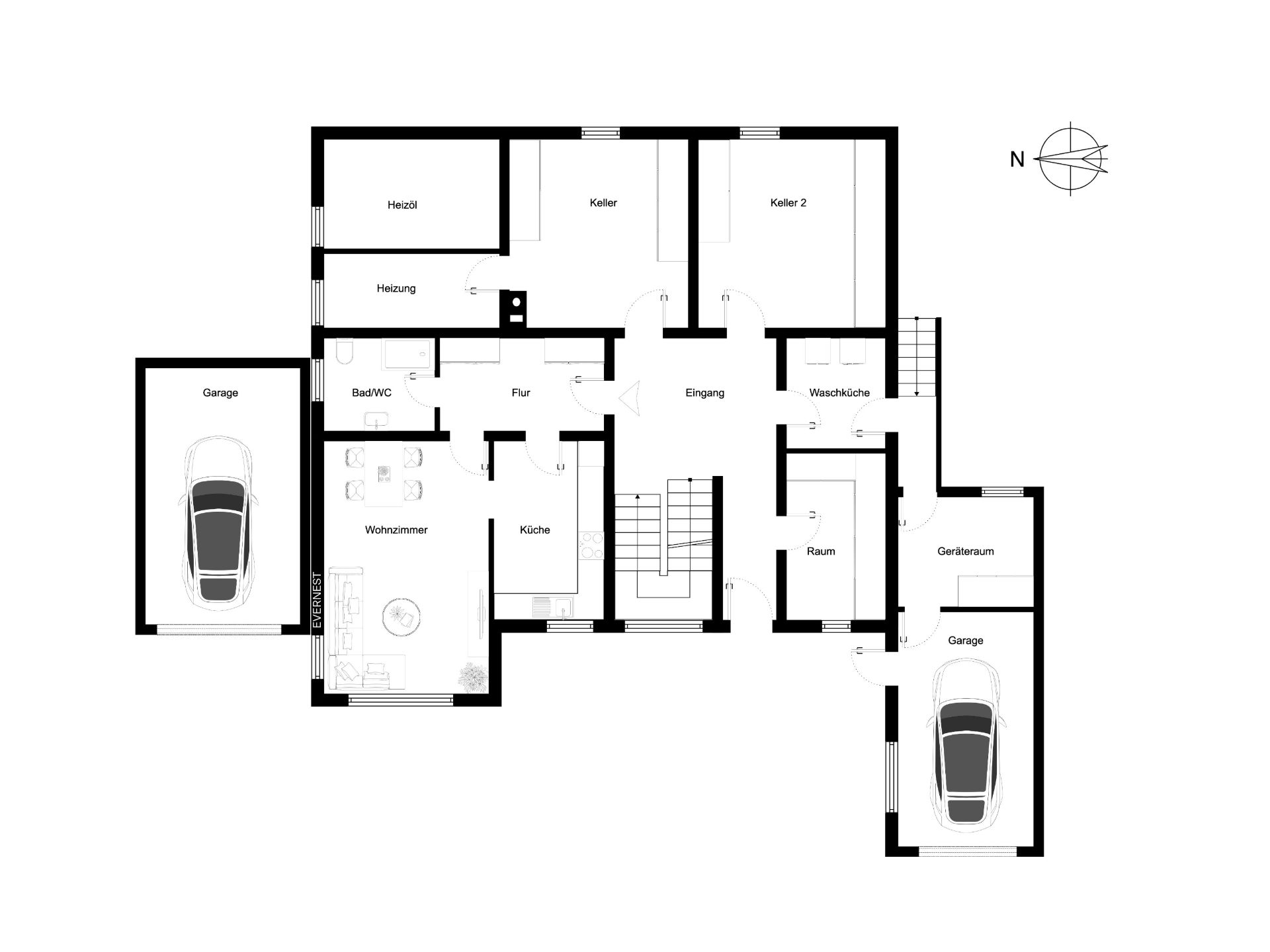 Grundriss eines Wohnhauses mit zwei Garagen, Wohnzimmer, Küche und mehreren Räumen.
