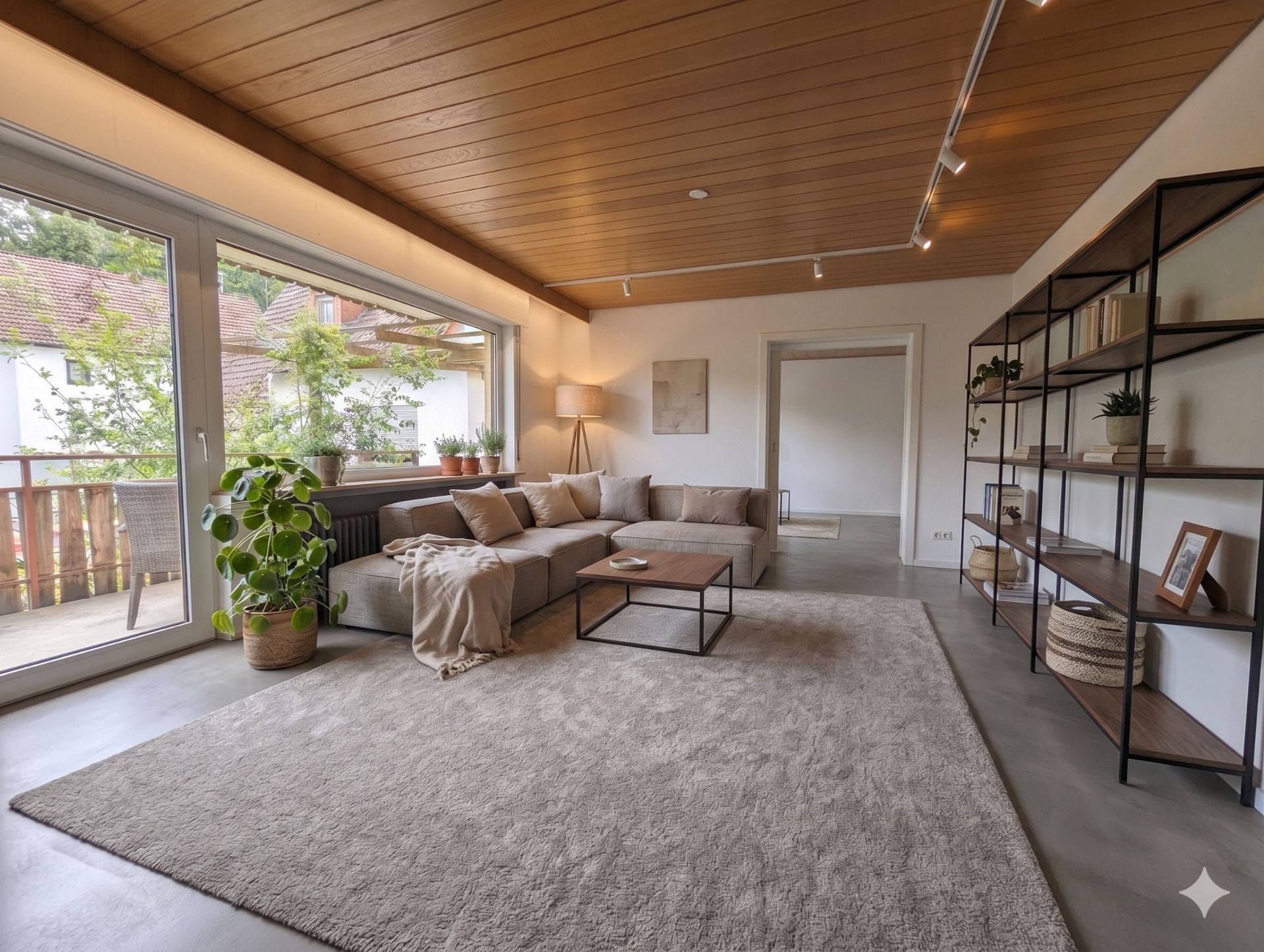 Helles Wohnzimmer mit Ecksofa, Teppich, großen Fenstern, Pflanzen, Regal und Holzbalkendecke.