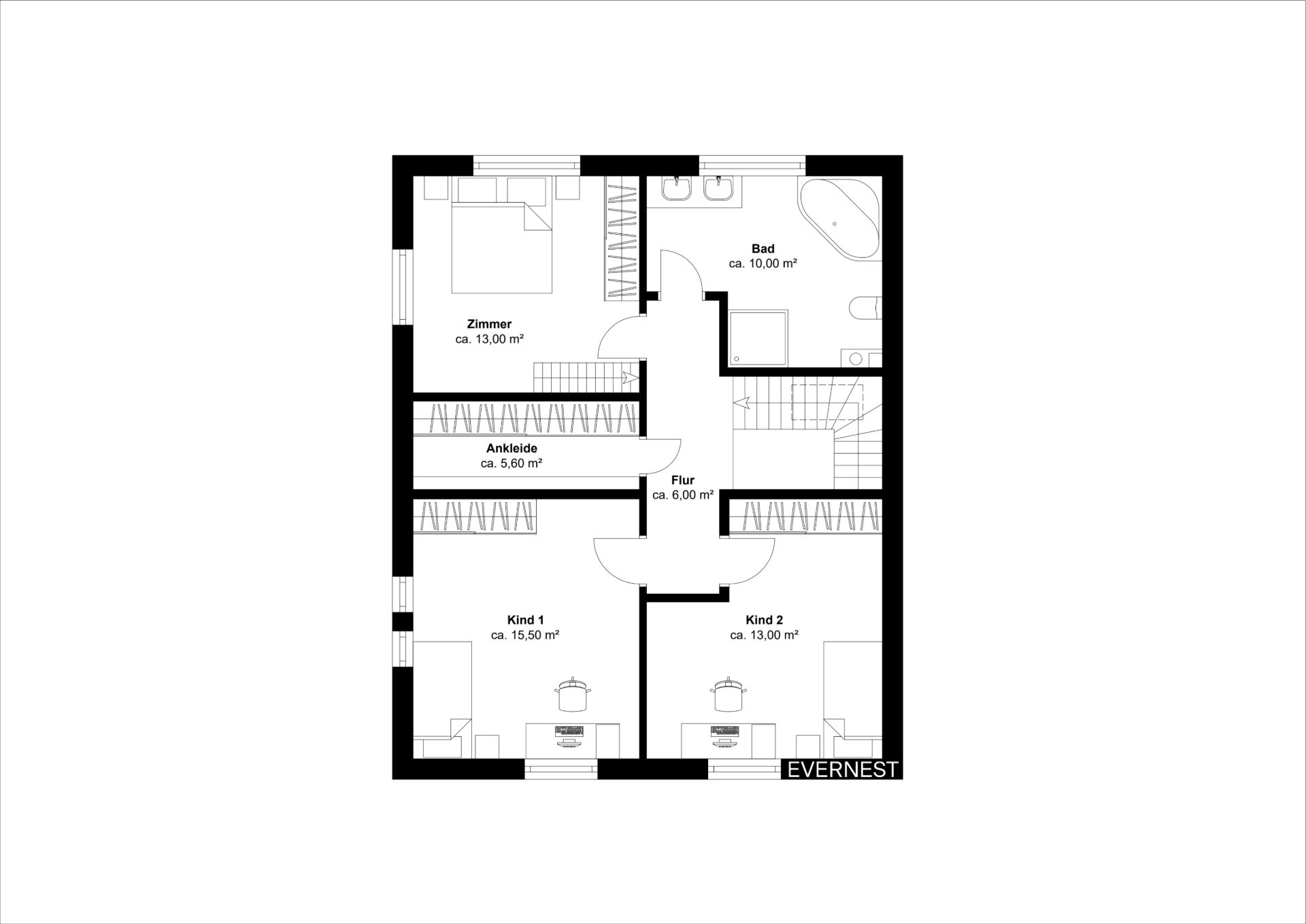 Grundriss eines Hauses mit Schlafzimmer, zwei Kinderzimmern, Bad, Ankleidezimmer und Flur.