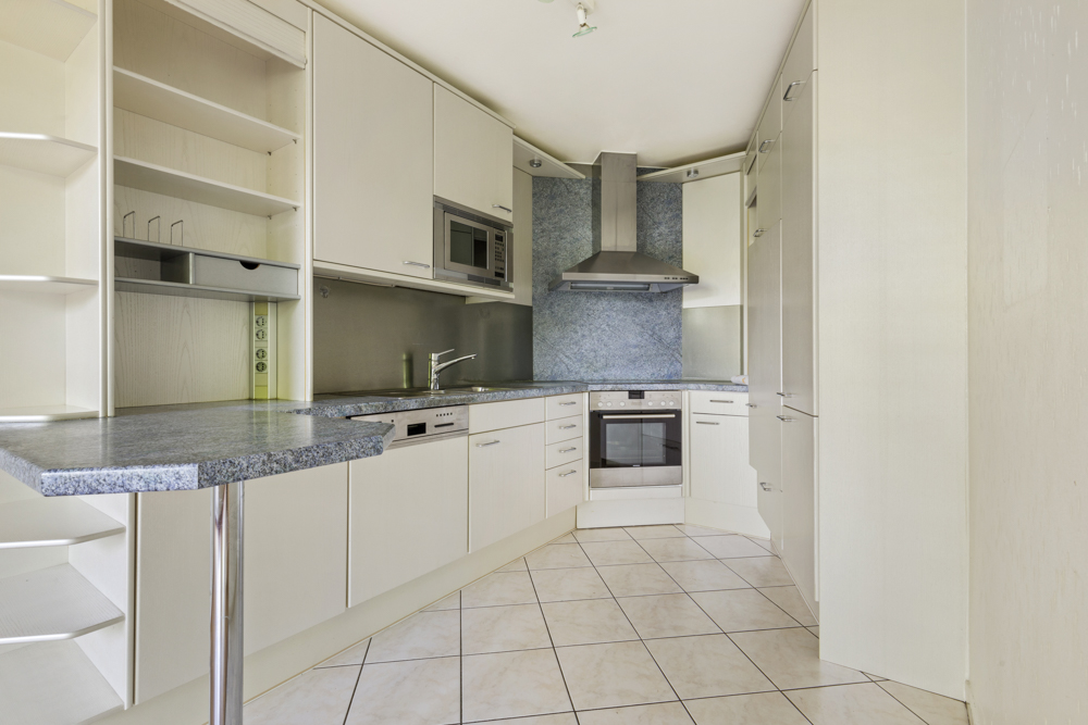 Moderne Einbauküche mit weißen Schränken, Herd, Backofen, Geschirrspüler und Eckarbeitsplatte.
