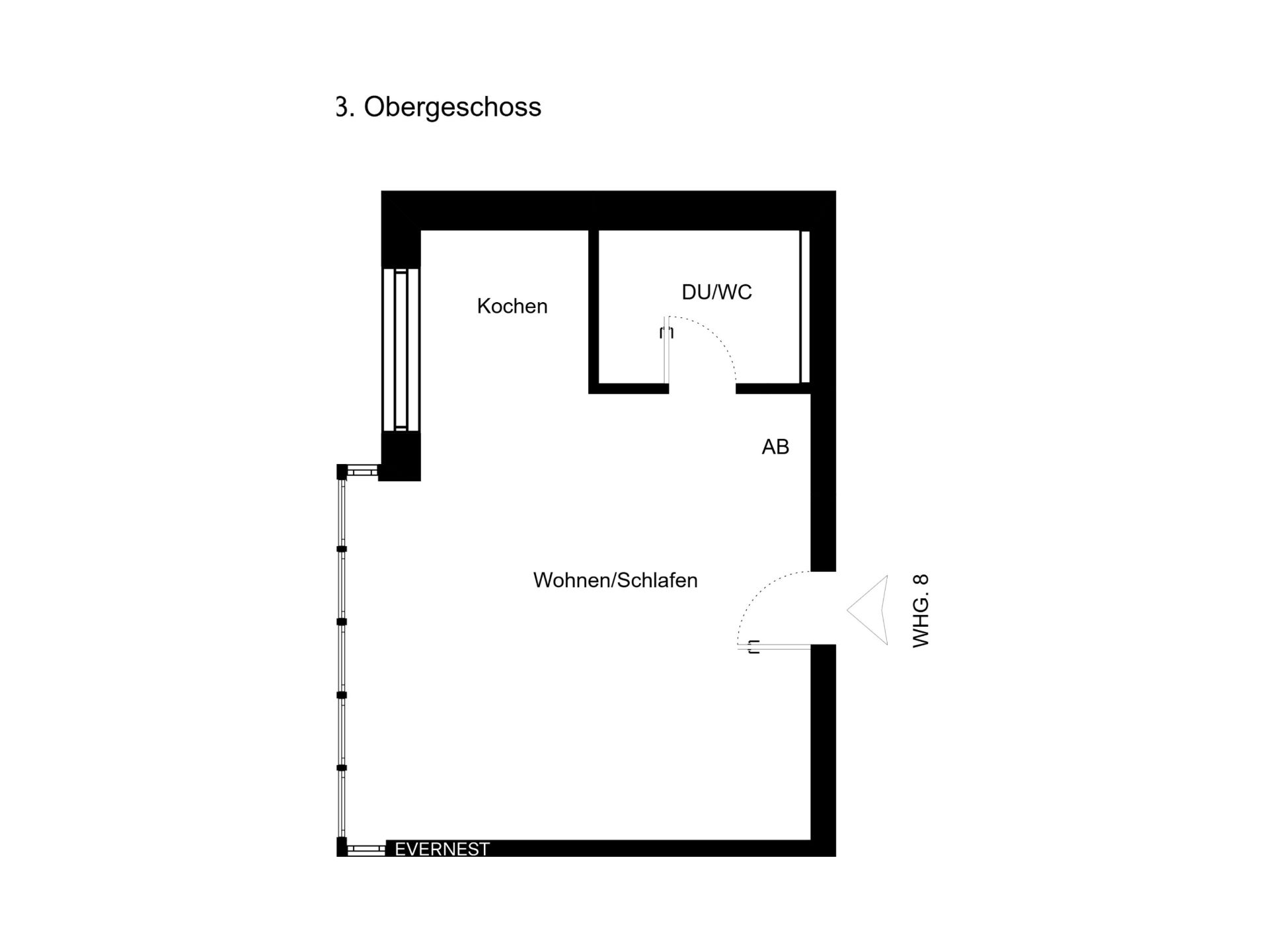 Grundriss eines Zimmers mit Kochen, Wohnen/Schlafen, DU/WC und Abstellraum.