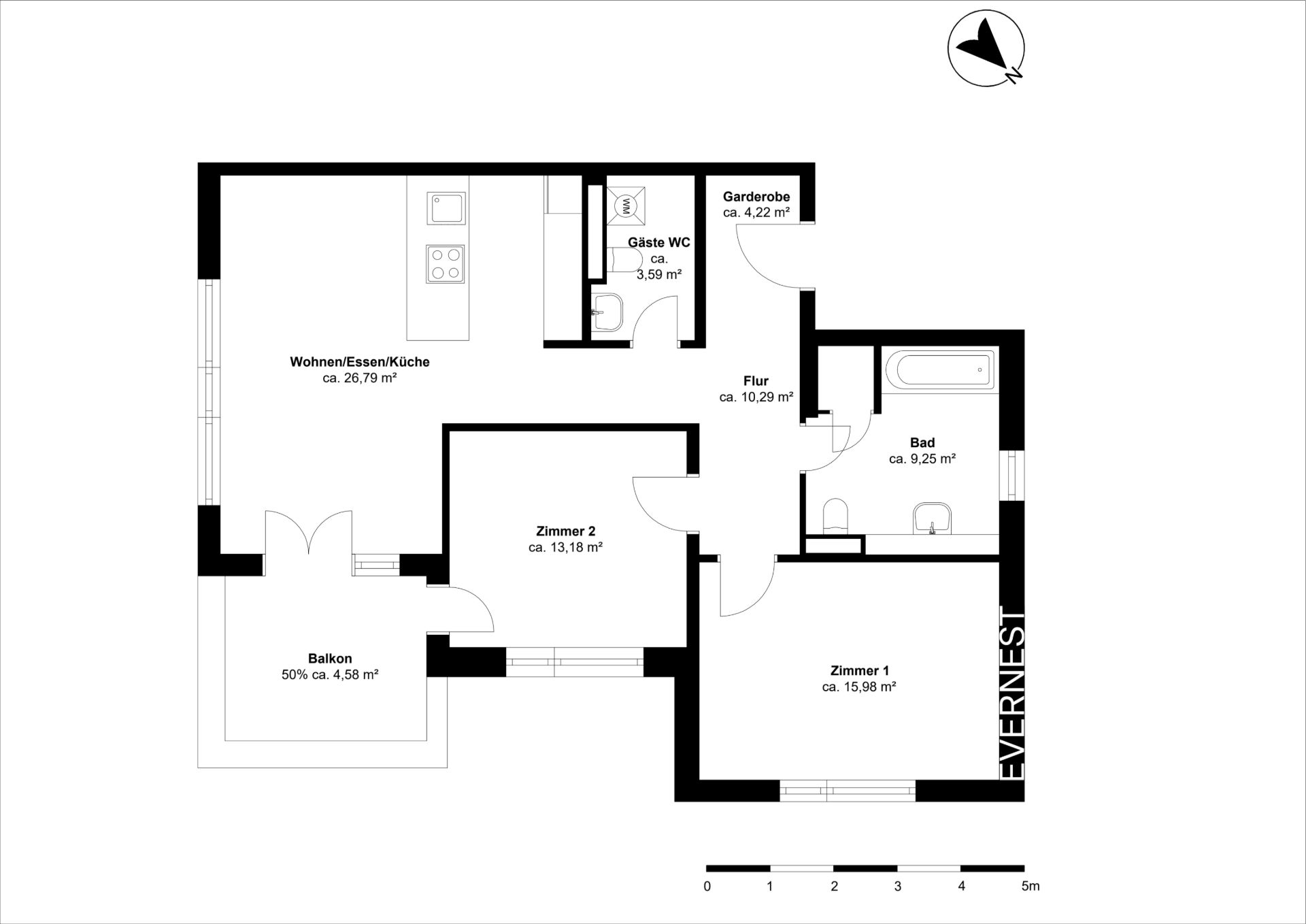 Grundriss einer Wohnung mit zwei Zimmern, Wohnküche, Bad, Gäste-WC, Flur, Garderobe und Balkon.
