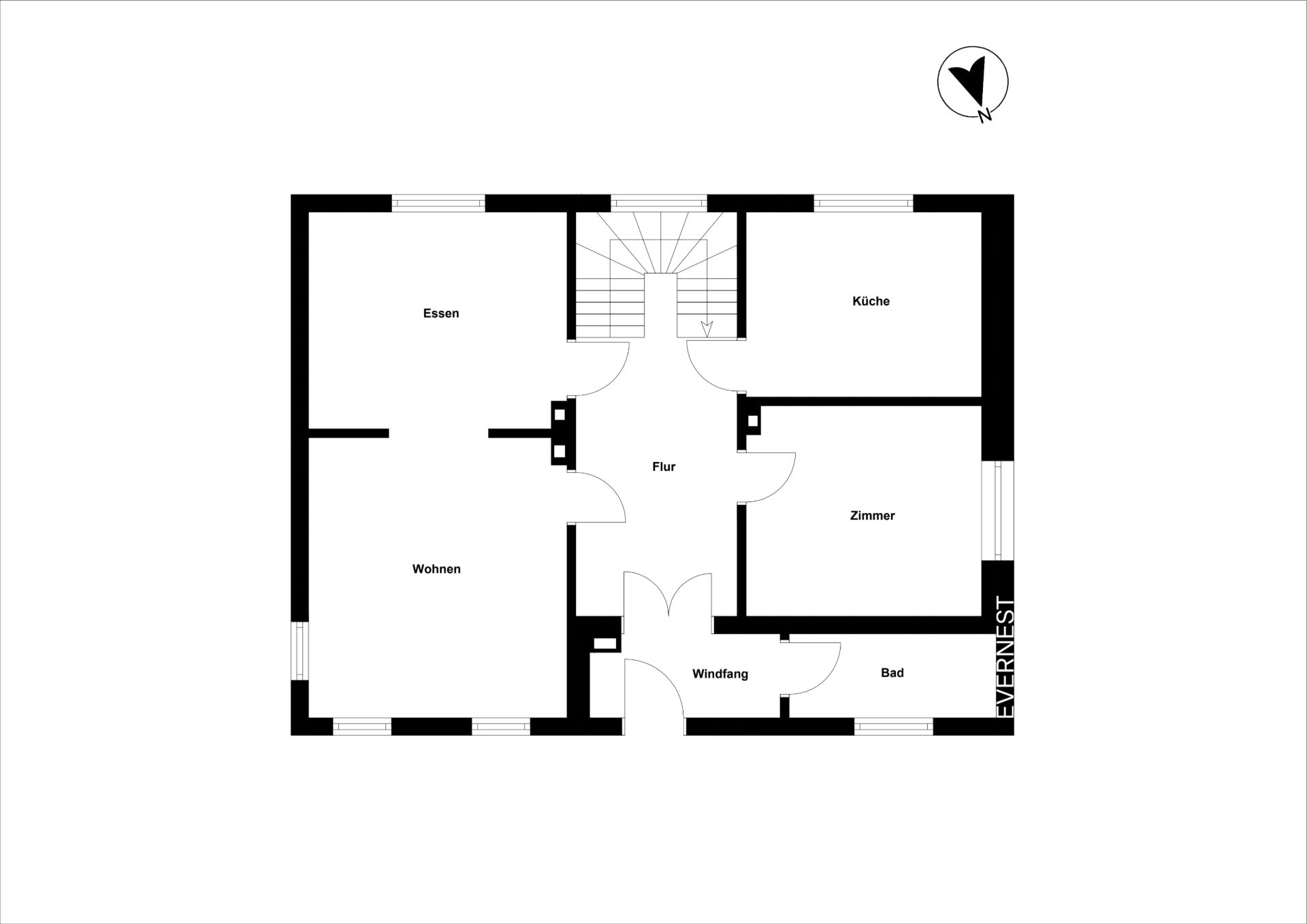 Schwarz-weißer Grundriss mit Esszimmer, Küche, Wohnzimmer, Zimmer, Bad und Flur.
