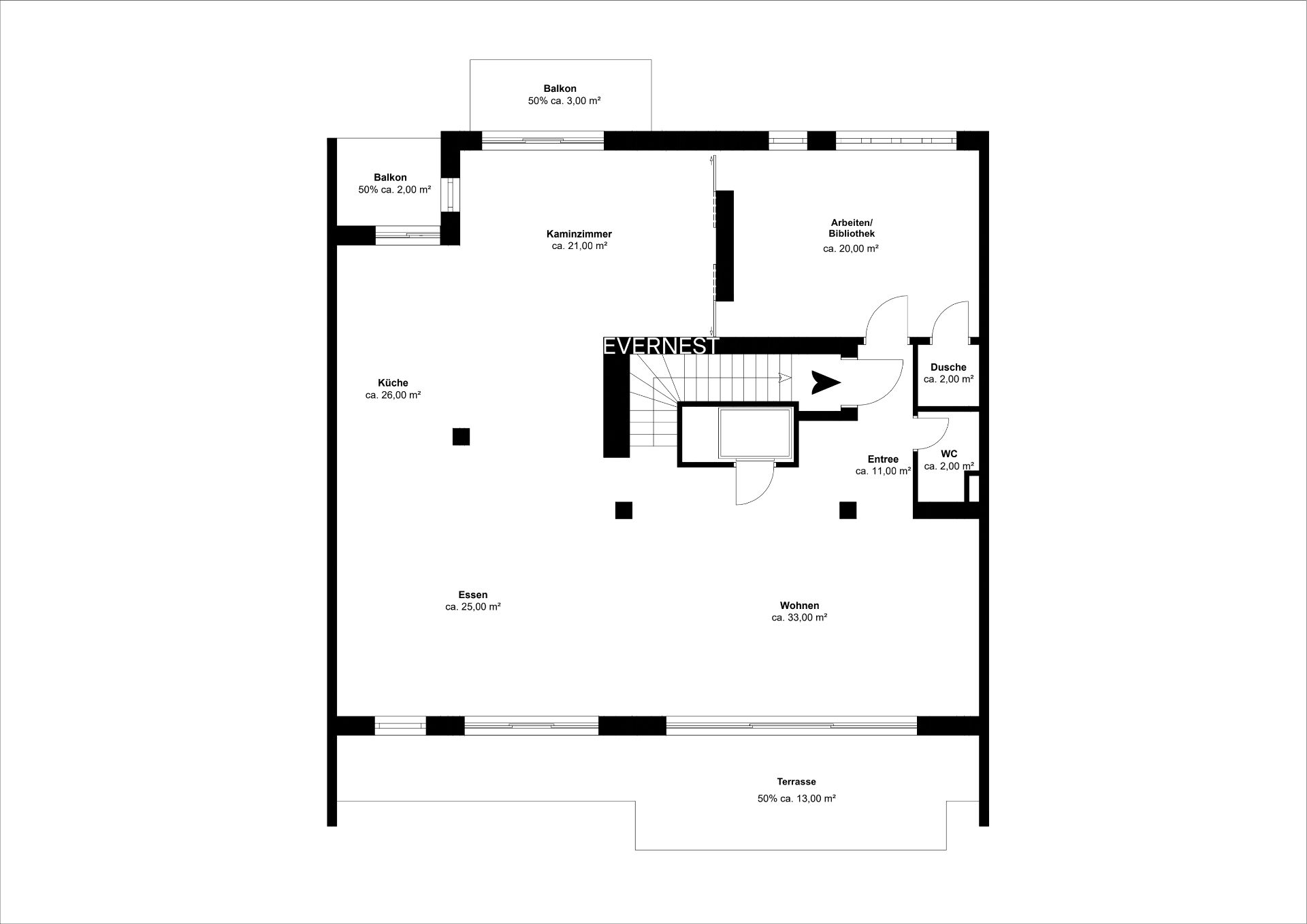Grundriss einer Wohnung mit Küche, Essbereich, Wohnzimmer, Balkon, Terrasse und weiteren Zimmern.