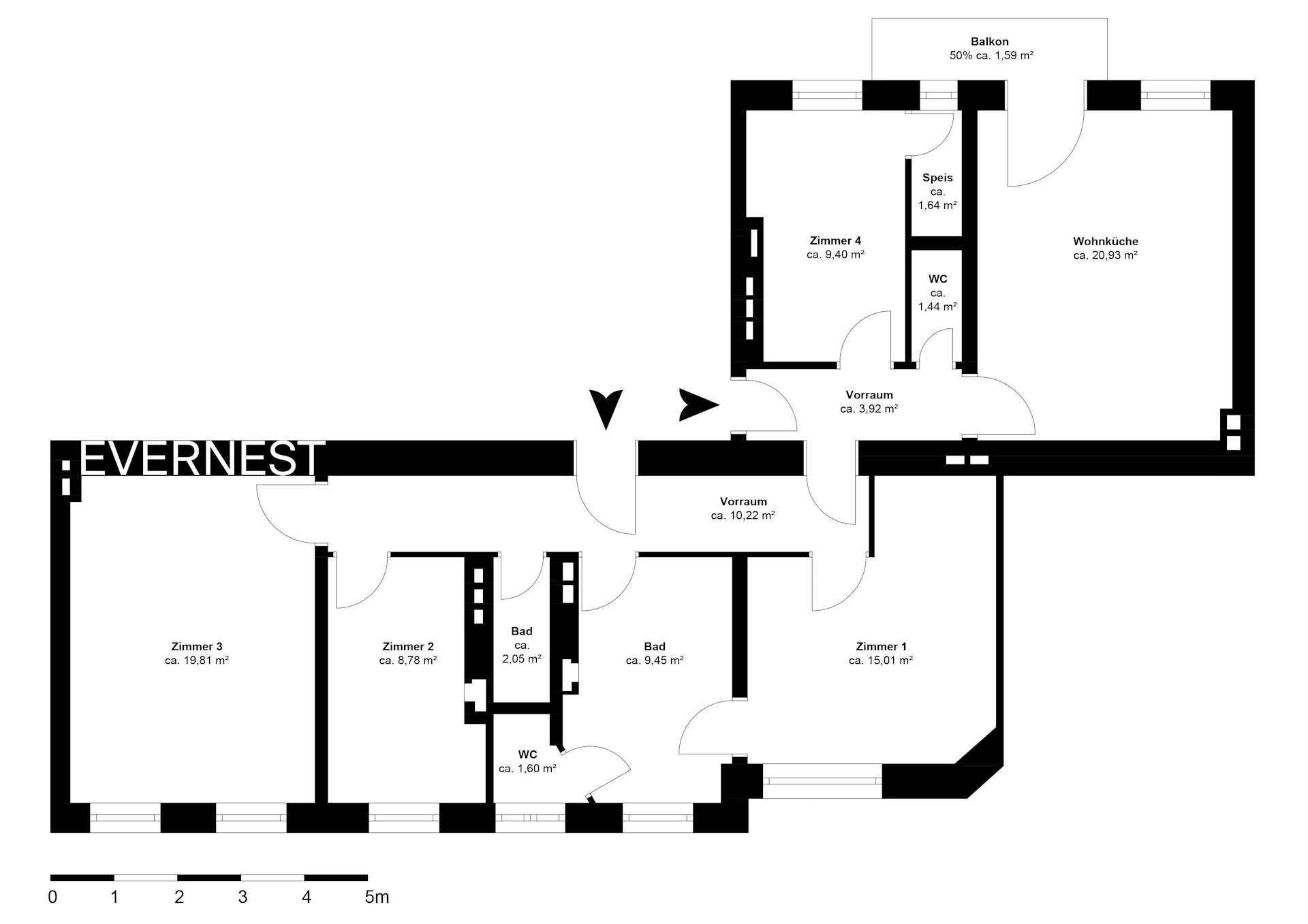 Grundriss einer Wohnung mit vier Zimmern, Wohnküche, zwei Bädern, WC, Speis und Balkon.