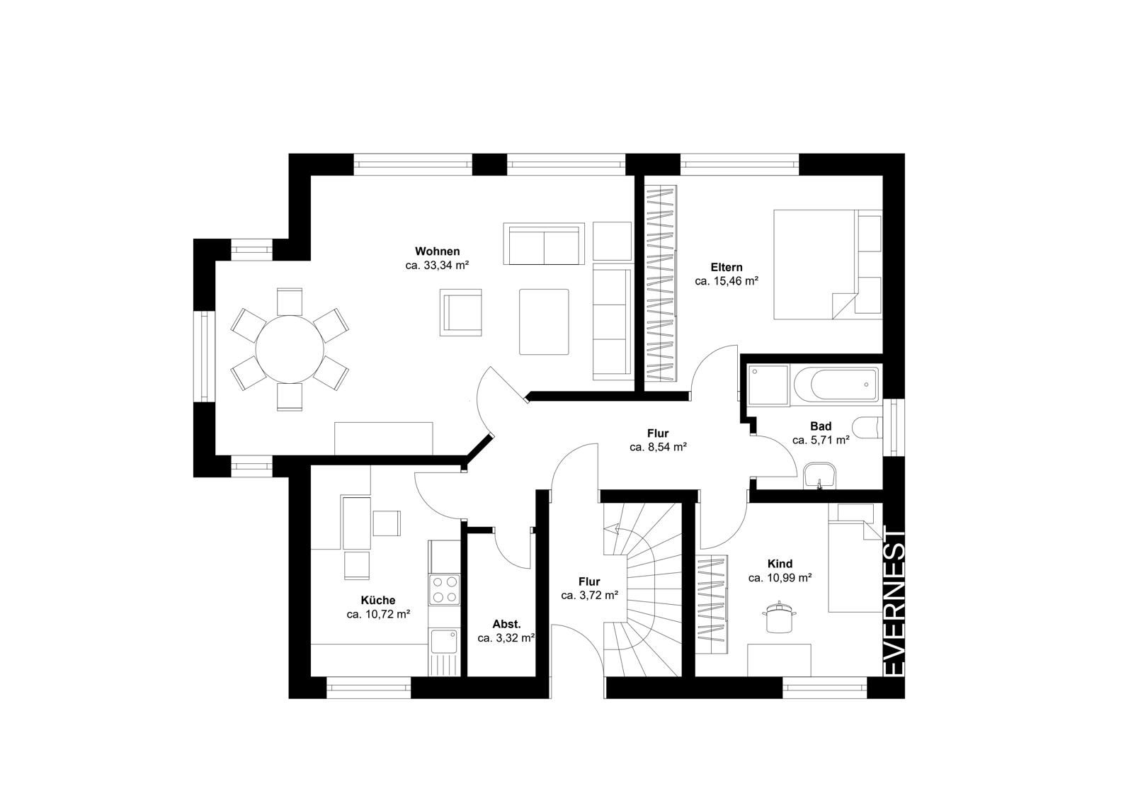 Grundriss mit Wohnzimmer, Schlafzimmer, Kinderzimmer, Küche, Bad, Abstellraum und Flur.