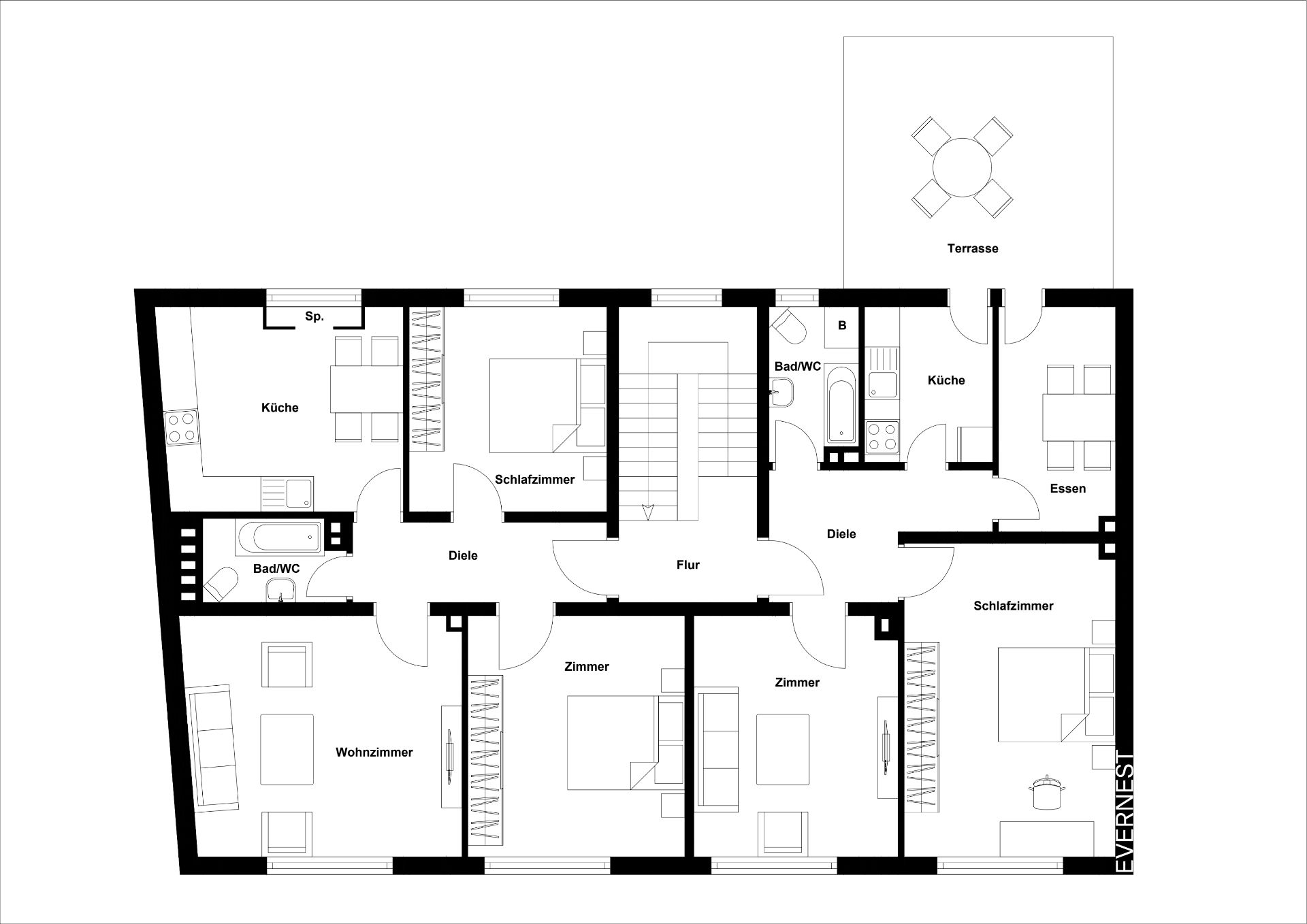 Grundriss einer Wohnung mit mehreren Zimmern, zwei Küchen, Wohnzimmer, Bädern und Terrasse.