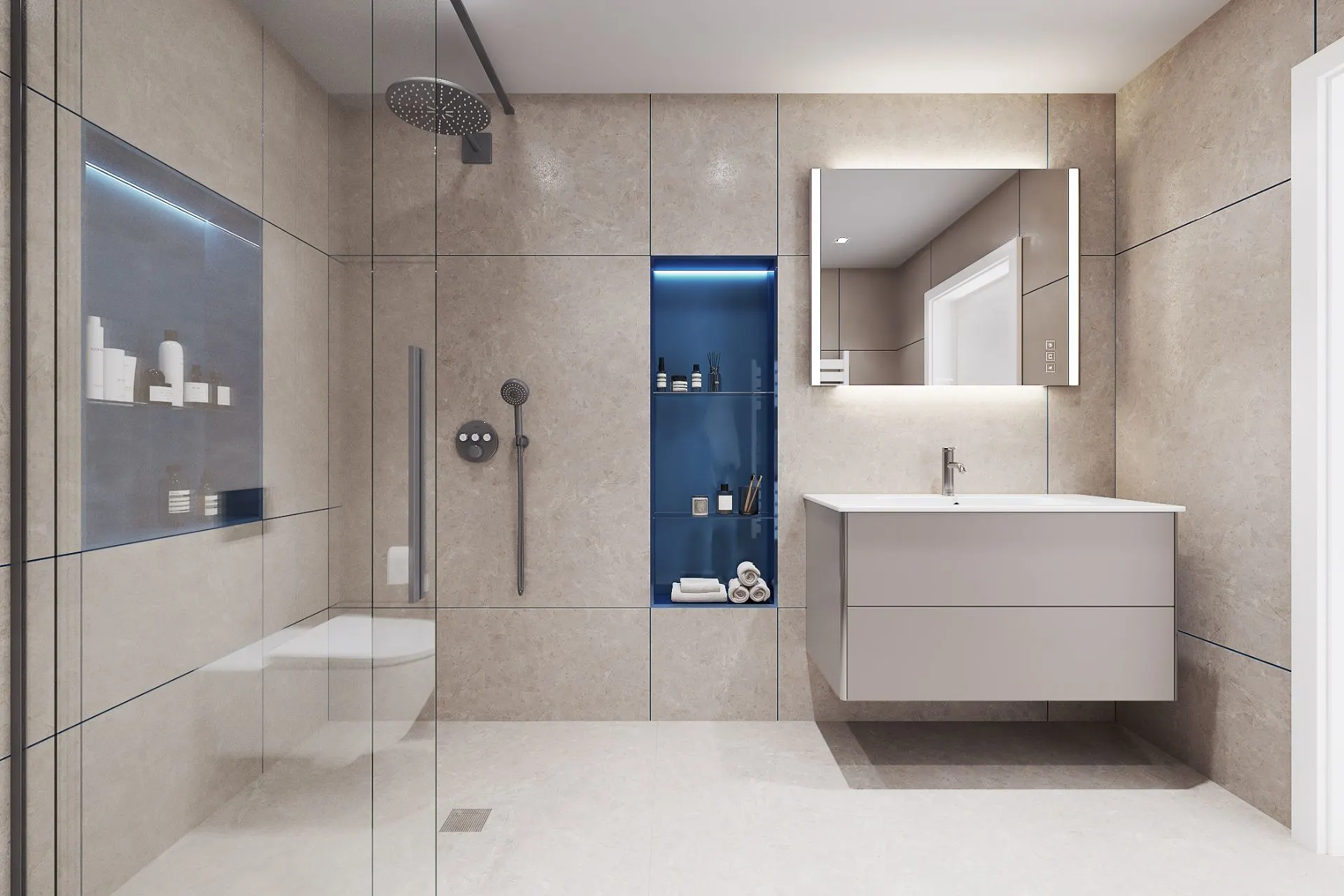 Modernes Badezimmer mit großer Dusche, beleuchtetem Spiegel und offenem Regal mit Pflegeartikeln.