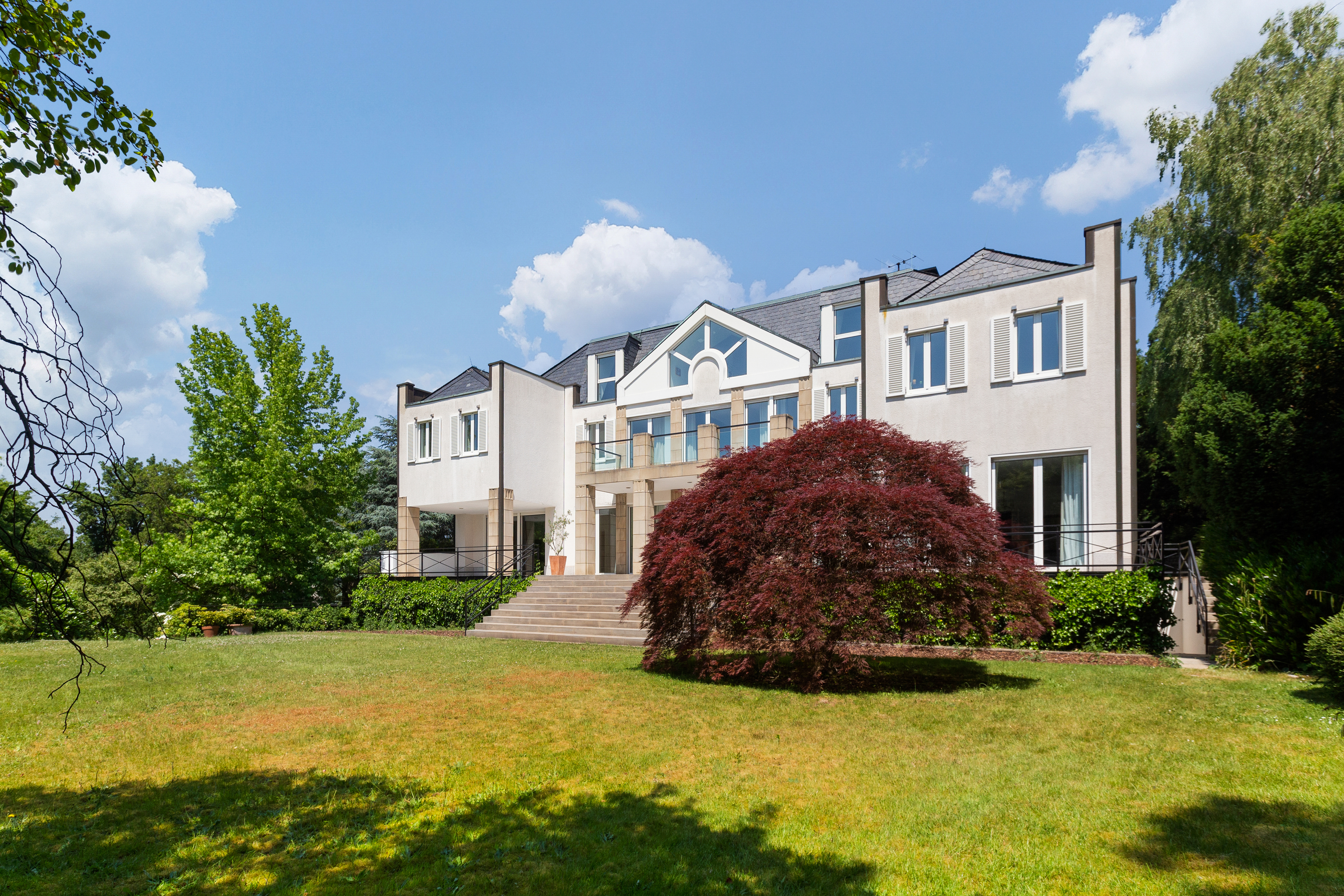 Modernes, helles Wohnhaus mit großem Garten und rotem Baum im Vordergrund.