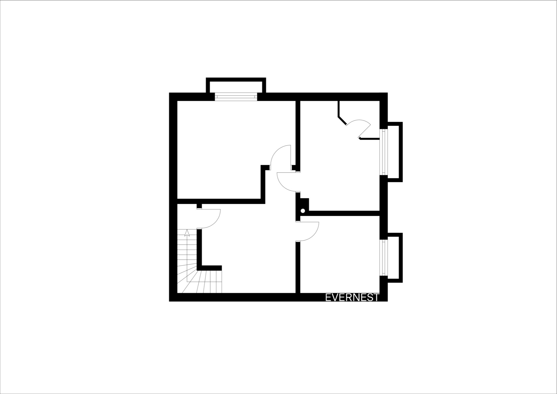 Schlichter Grundriss mit vier Räumen, Türen und einer Treppe unten links.