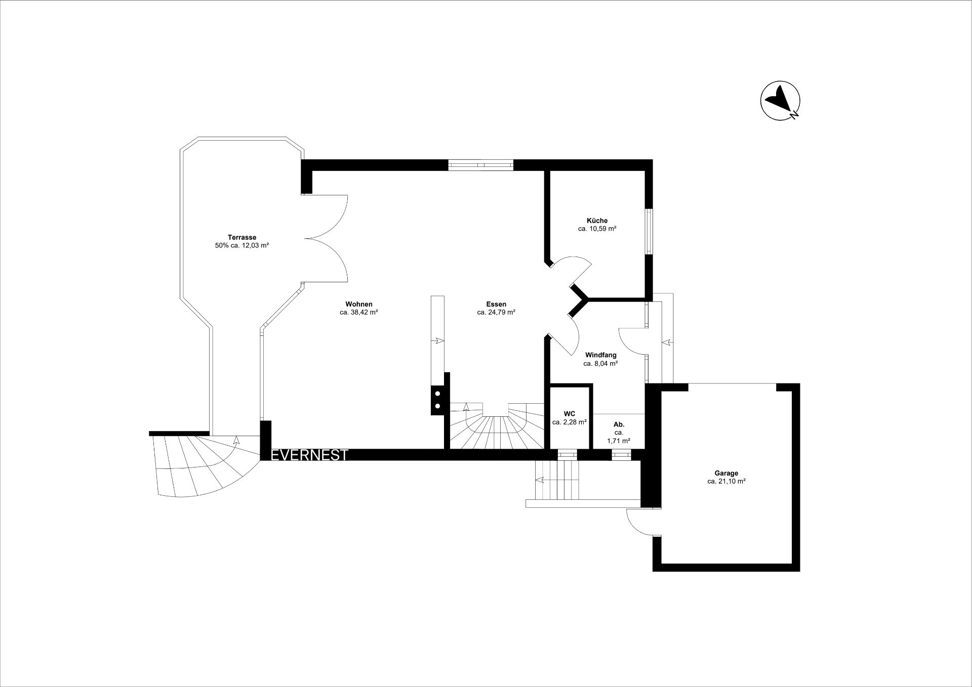 Grundriss eines Wohnhauses mit Terrasse, Wohnzimmer, Küche, Essbereich, Garage und WC.