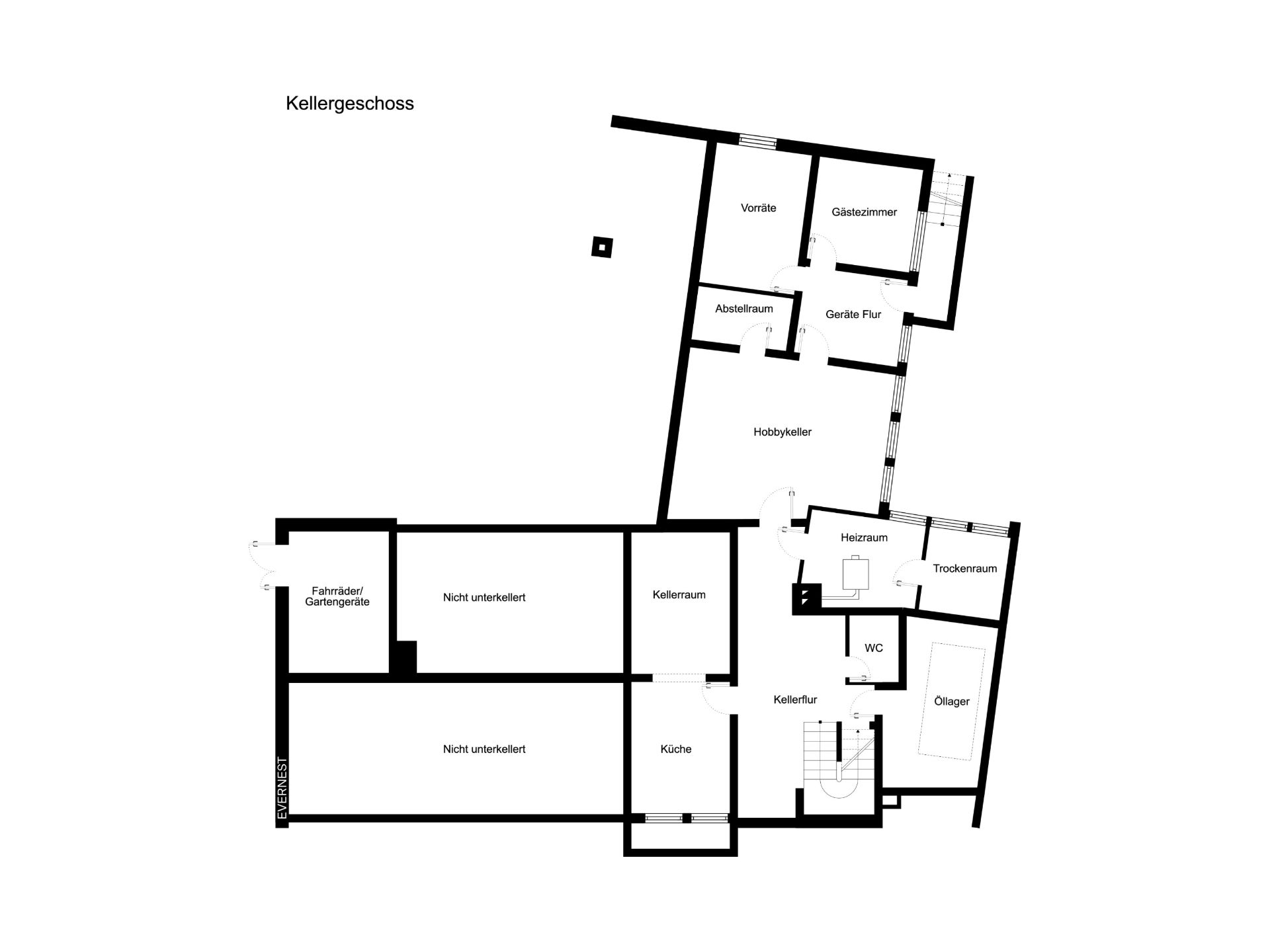 Grundriss des Kellers mit mehreren Räumen, darunter Heizraum, Gästezimmer, Küche und WC.