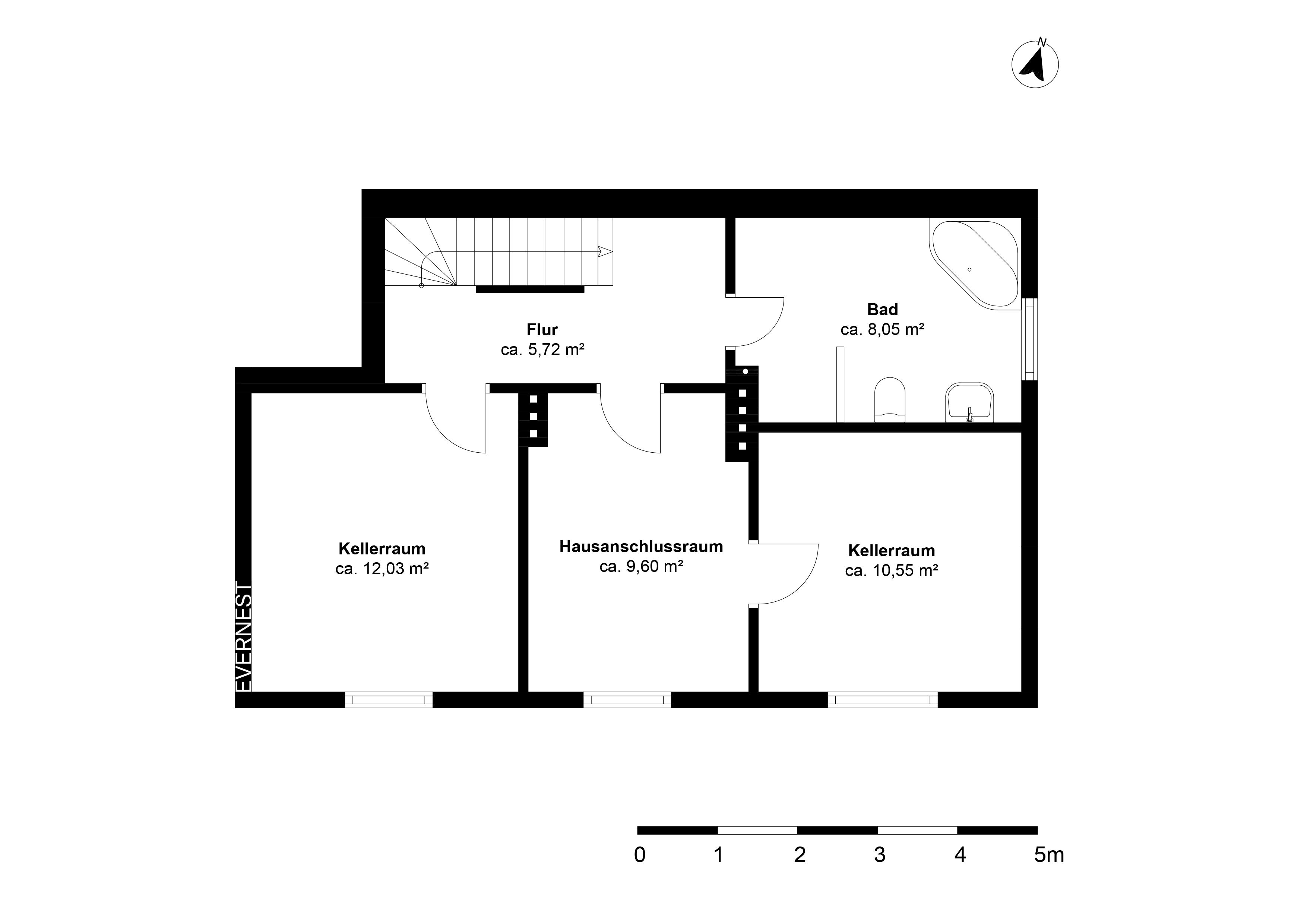 Grundriss eines Kellers mit Flur, Bad, zwei Kellerräumen und Hausanschlussraum.