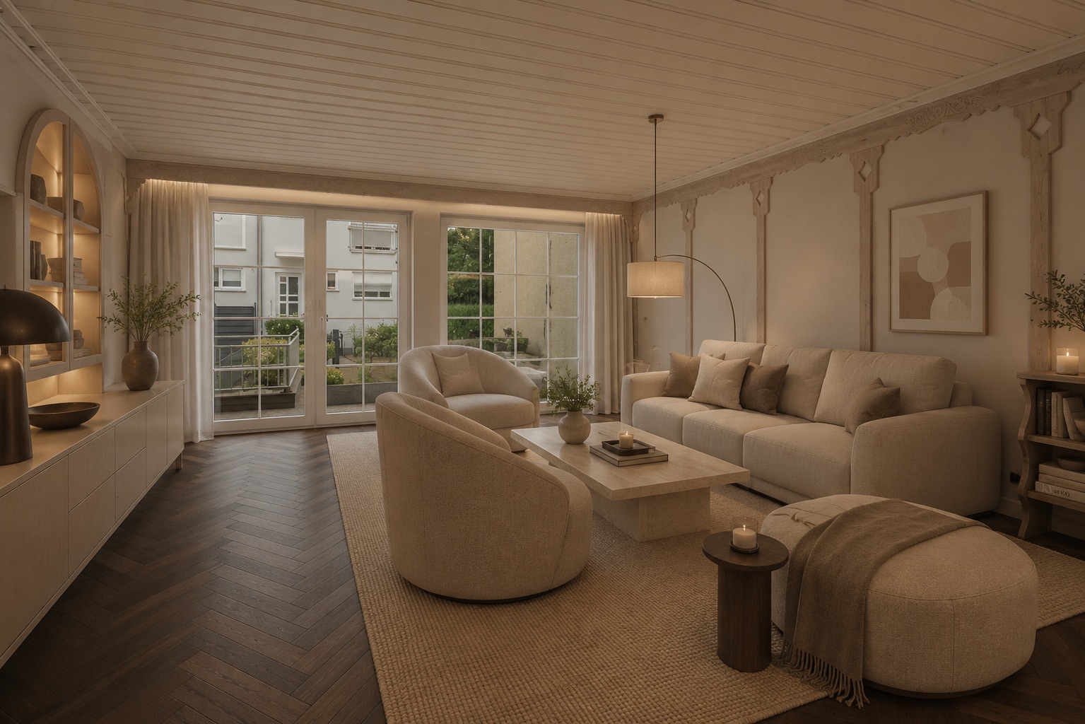 Helles Wohnzimmer mit Sofa, Sesseln, Couchtisch und großen Fenstern zum Garten.