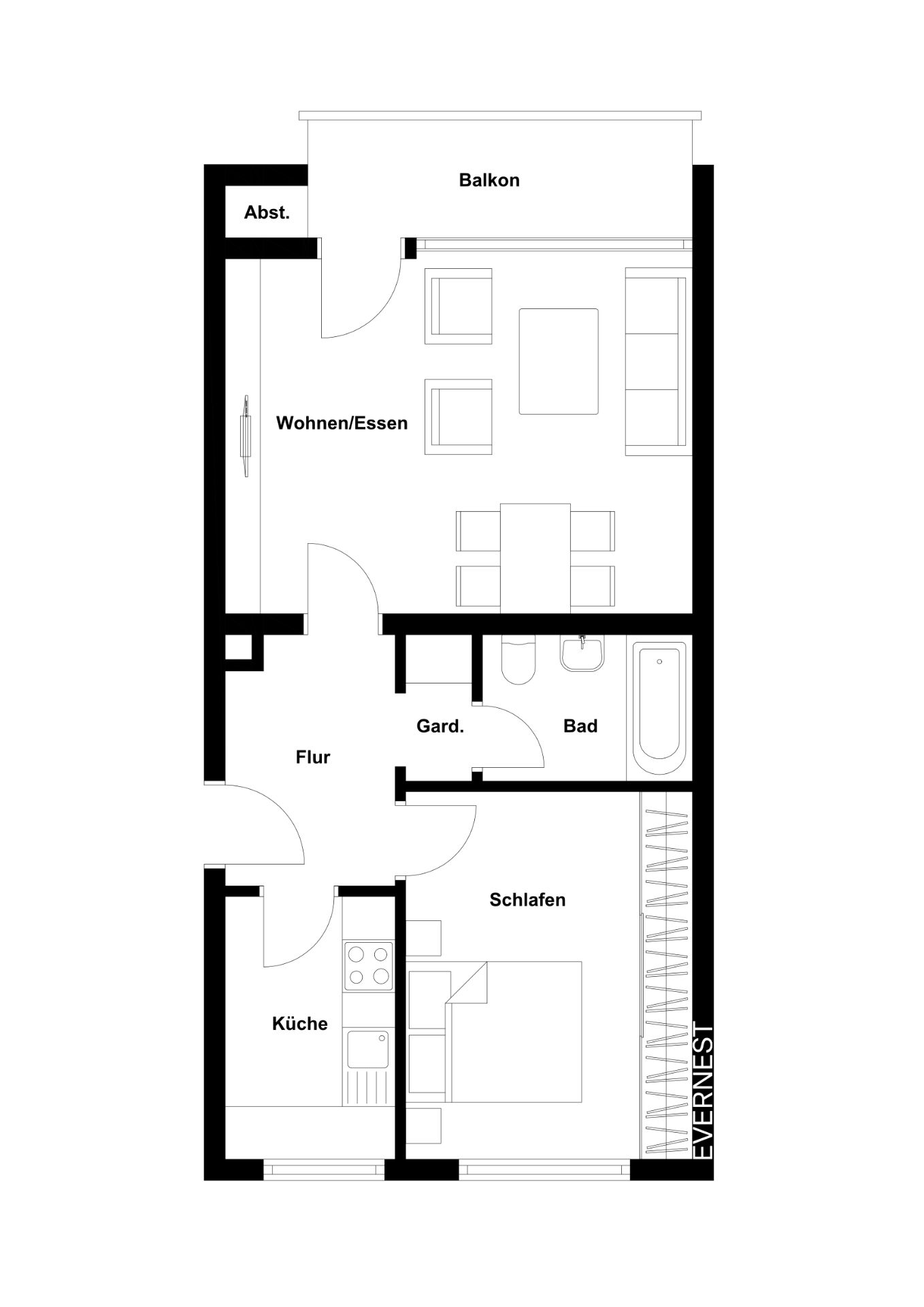 Grundriss einer Wohnung mit Balkon, Wohnzimmer, Küche, Schlafzimmer, Bad und Flur.