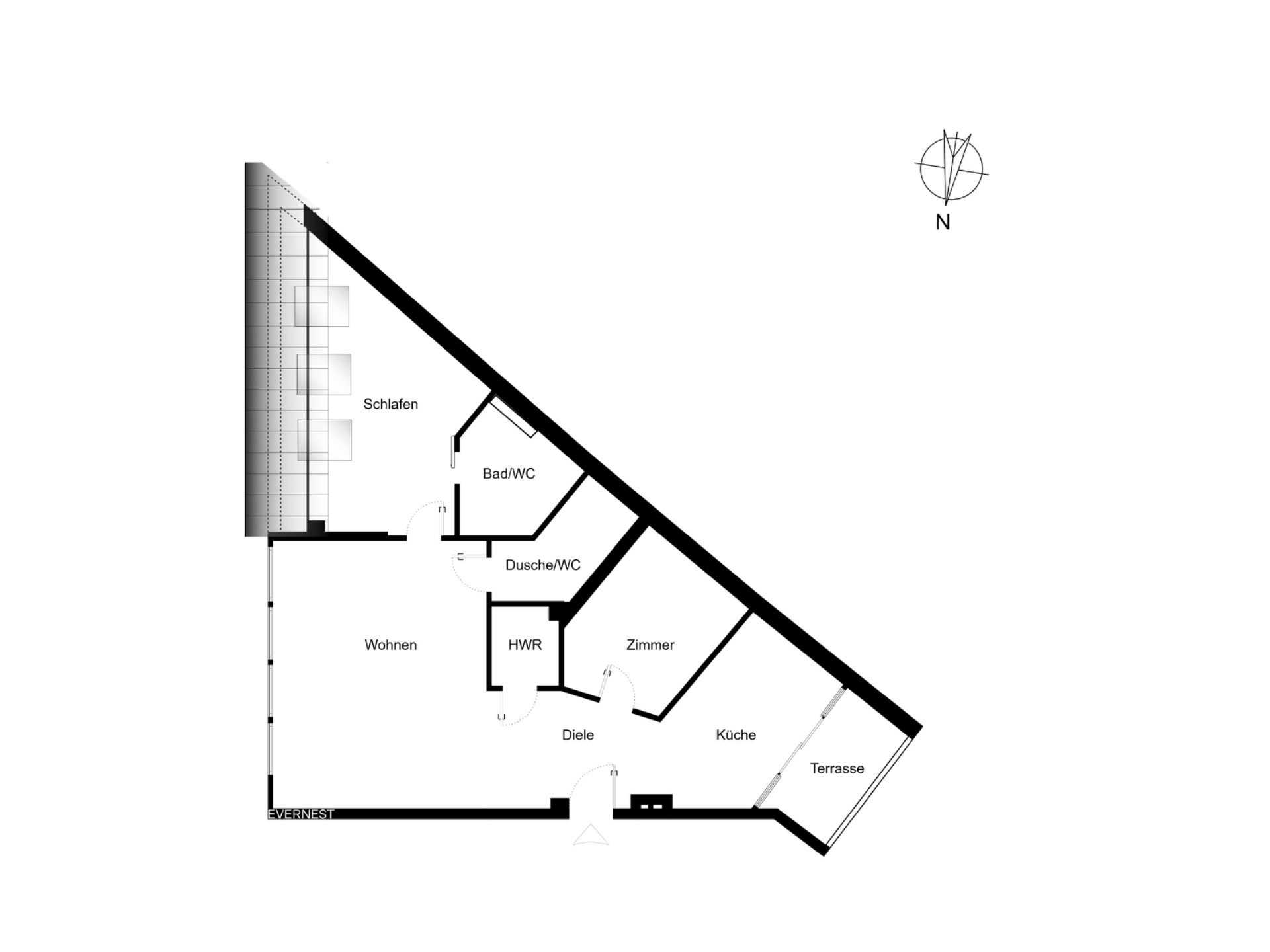 Grundriss einer Wohnung mit Schlafzimmer, Bad, Küche, Wohnzimmer, Zimmer und Terrasse.