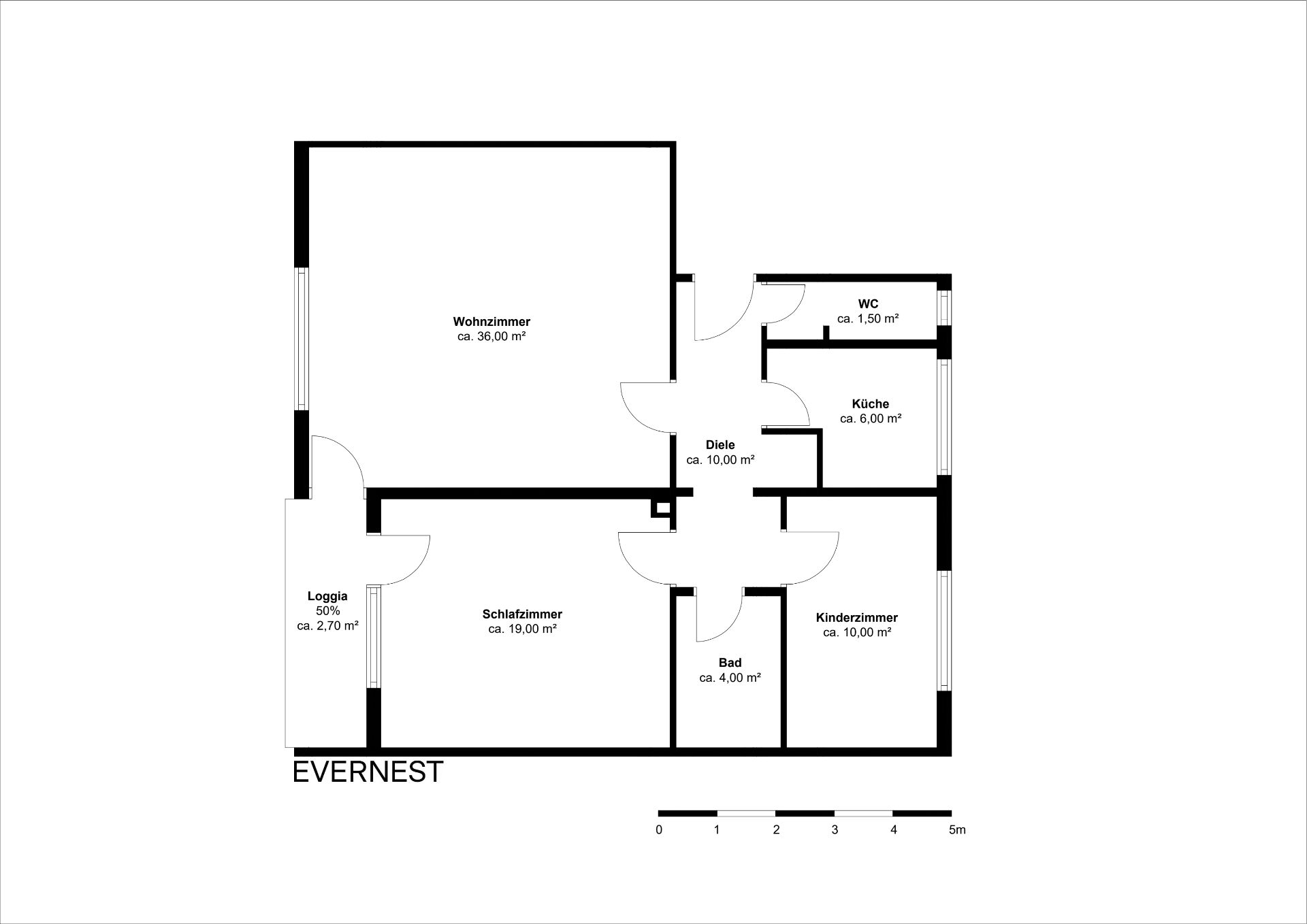 Grundriss einer Wohnung mit Wohnzimmer, Schlafzimmer, Kinderzimmer, Küche, Bad, WC, Diele und Loggia.