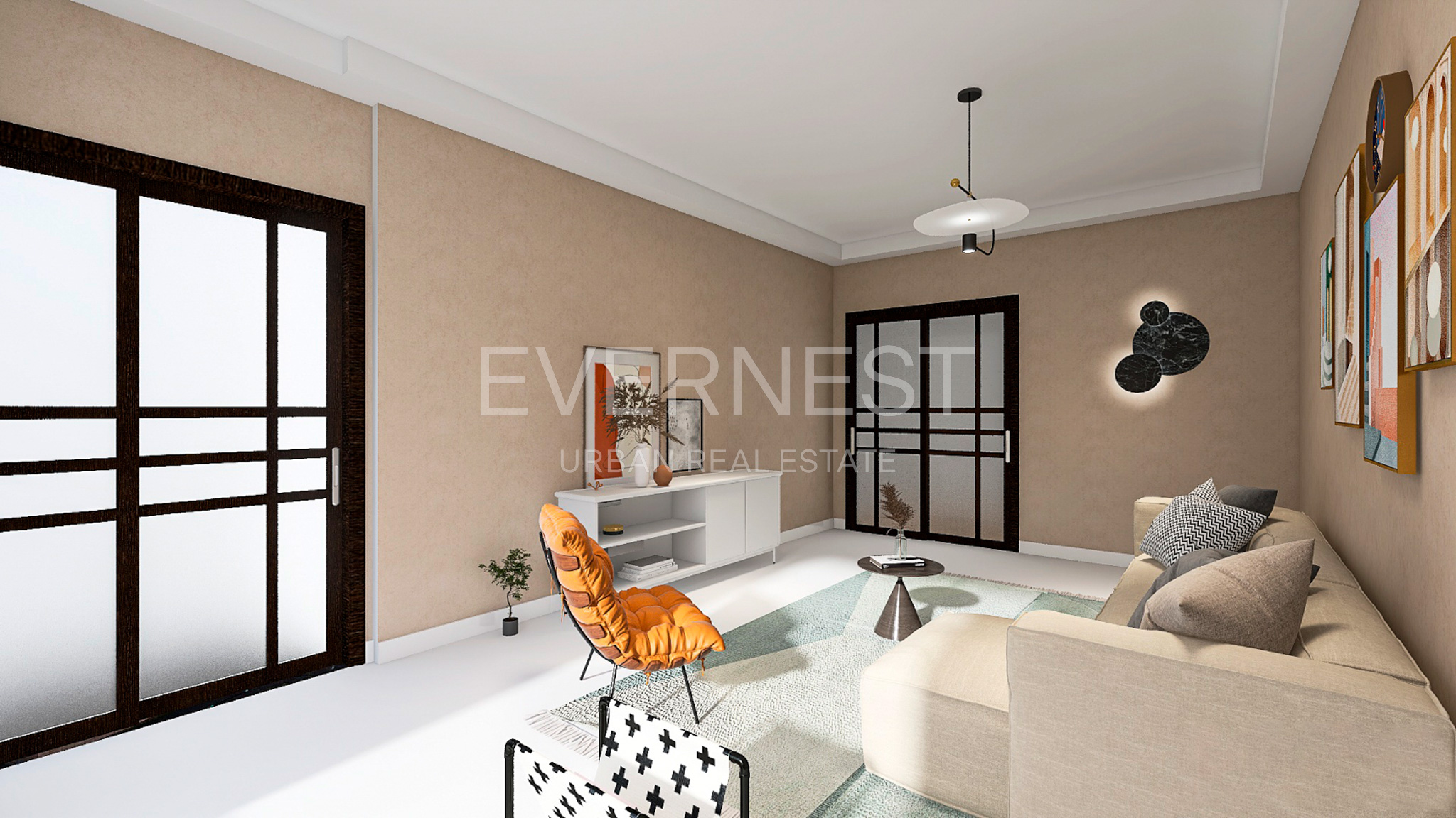Modernes Wohnzimmer mit beigem Sofa, Sessel, Couchtisch und Wandbildern, helle Fenster und Glastüren.