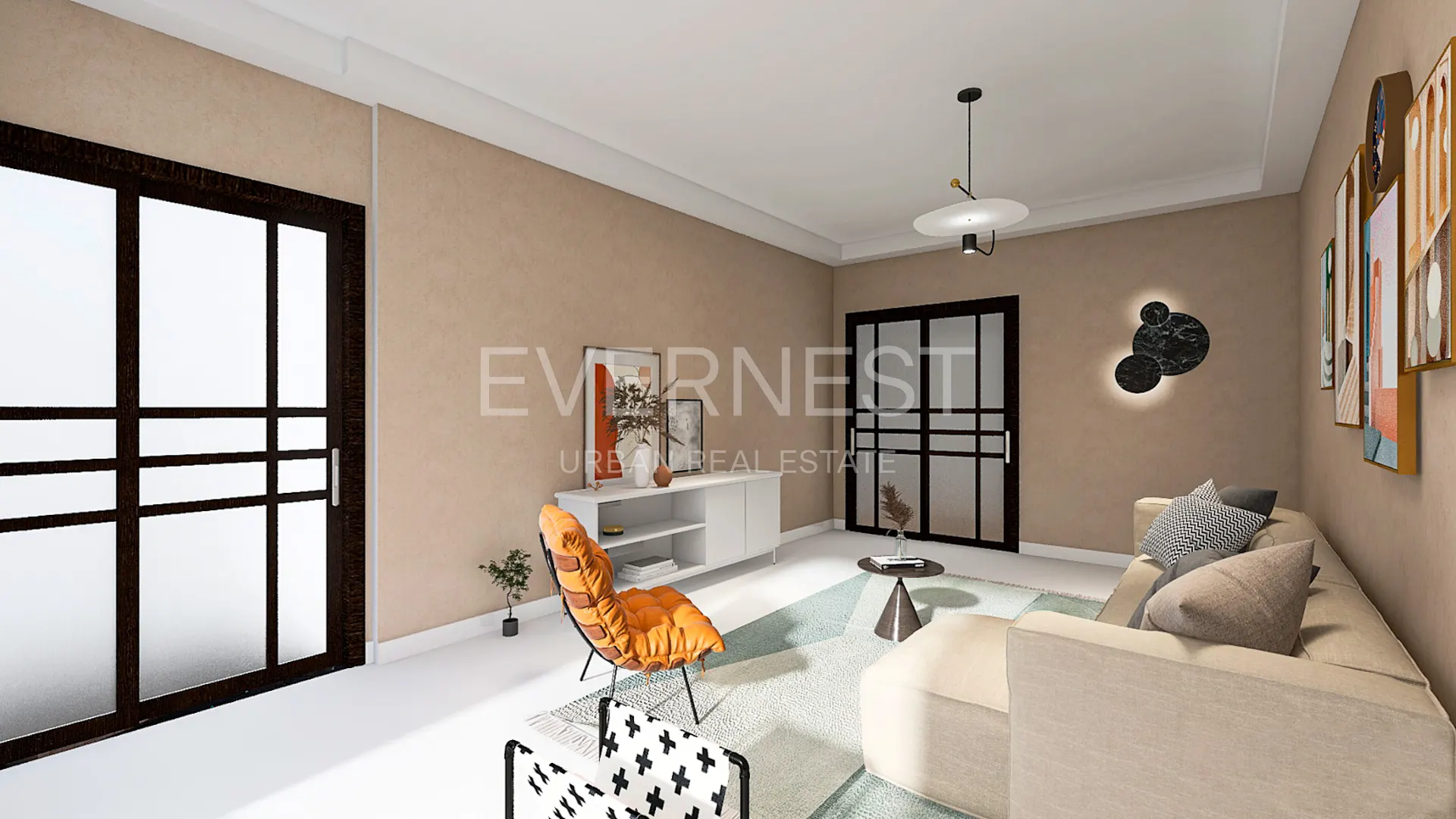 Modernes Wohnzimmer mit beigem Sofa, Sessel, Couchtisch und Wandbildern, helle Fenster und Glastüren.